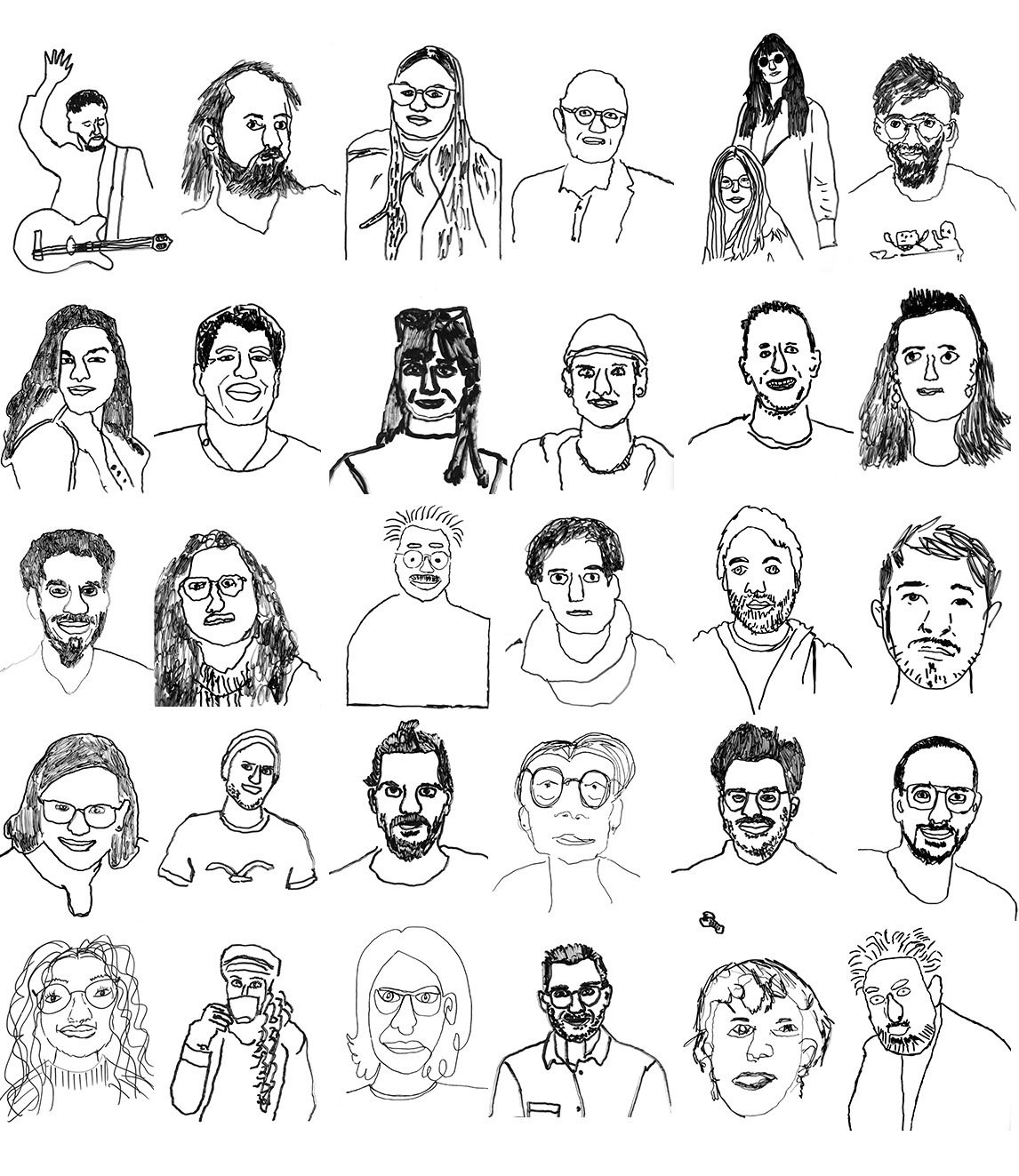 Eine Sammlung von 30 Portraits, gezeichnet in Schwarzweiss