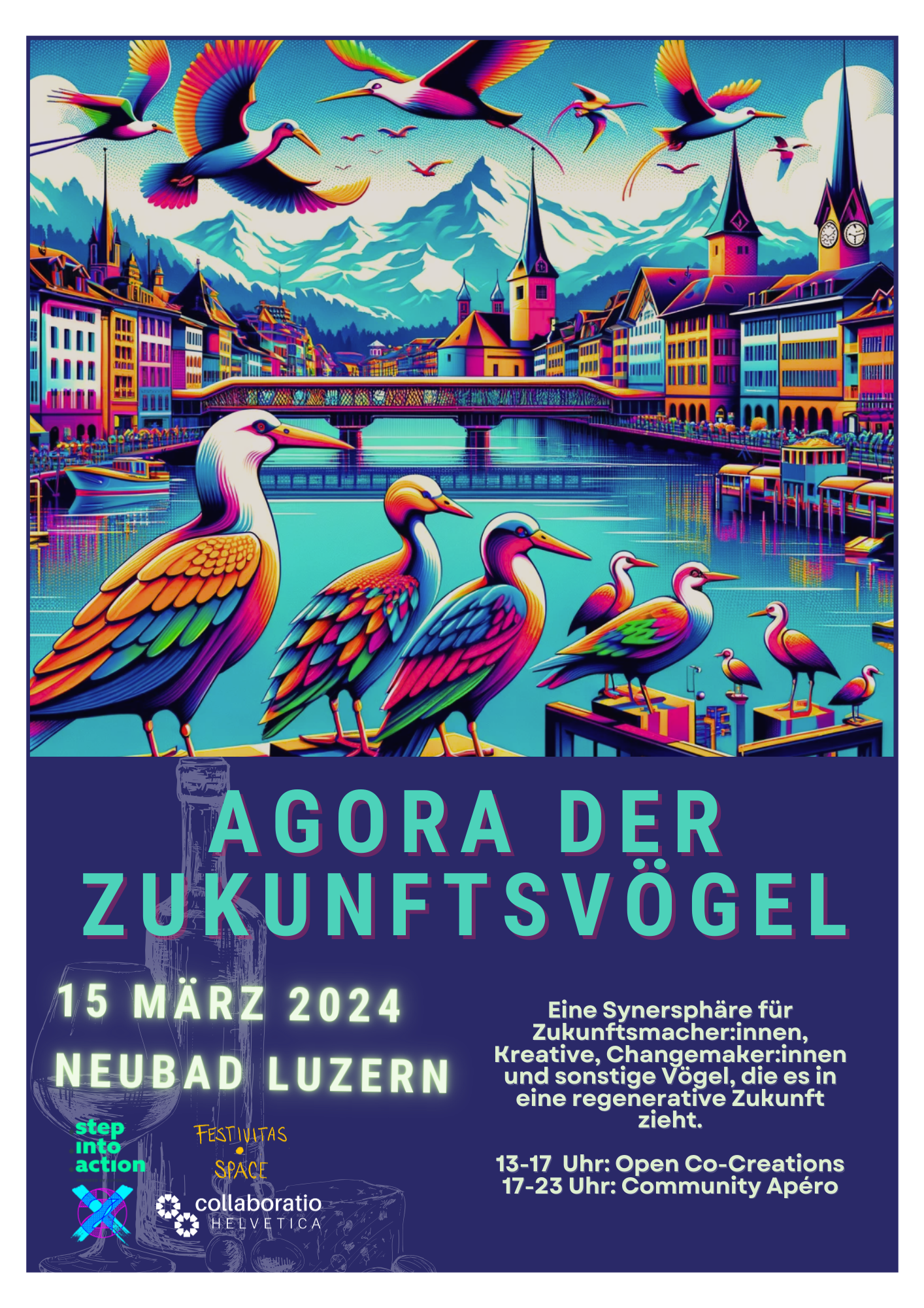 Luzern Kapelbrücke, diverse bunte Vögel
