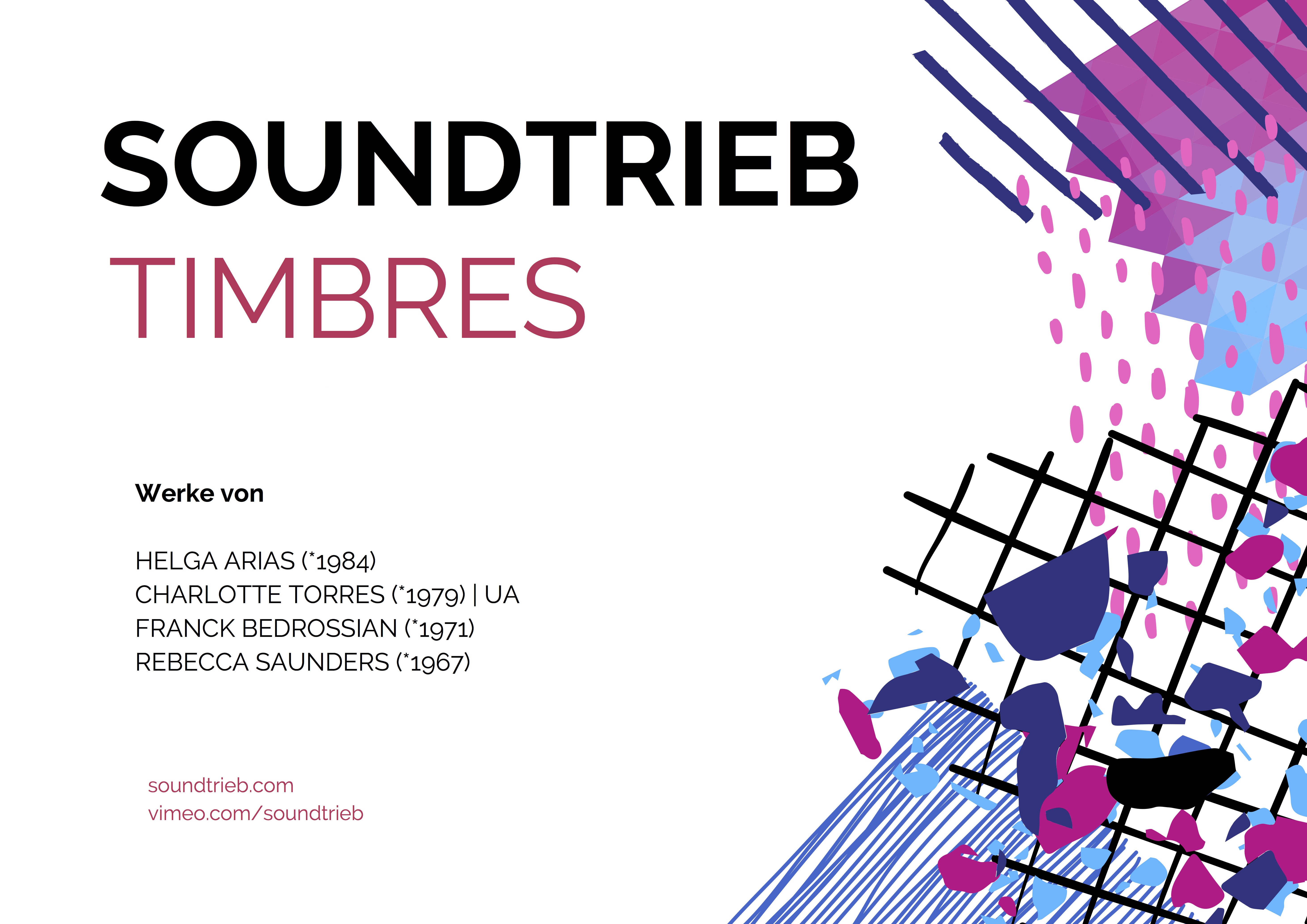 Ein Flyer des Konzertes mit Schrift in SChwarz und rechts auf dem Flyer geometrische Figuren in blau, violett und schwarz.
