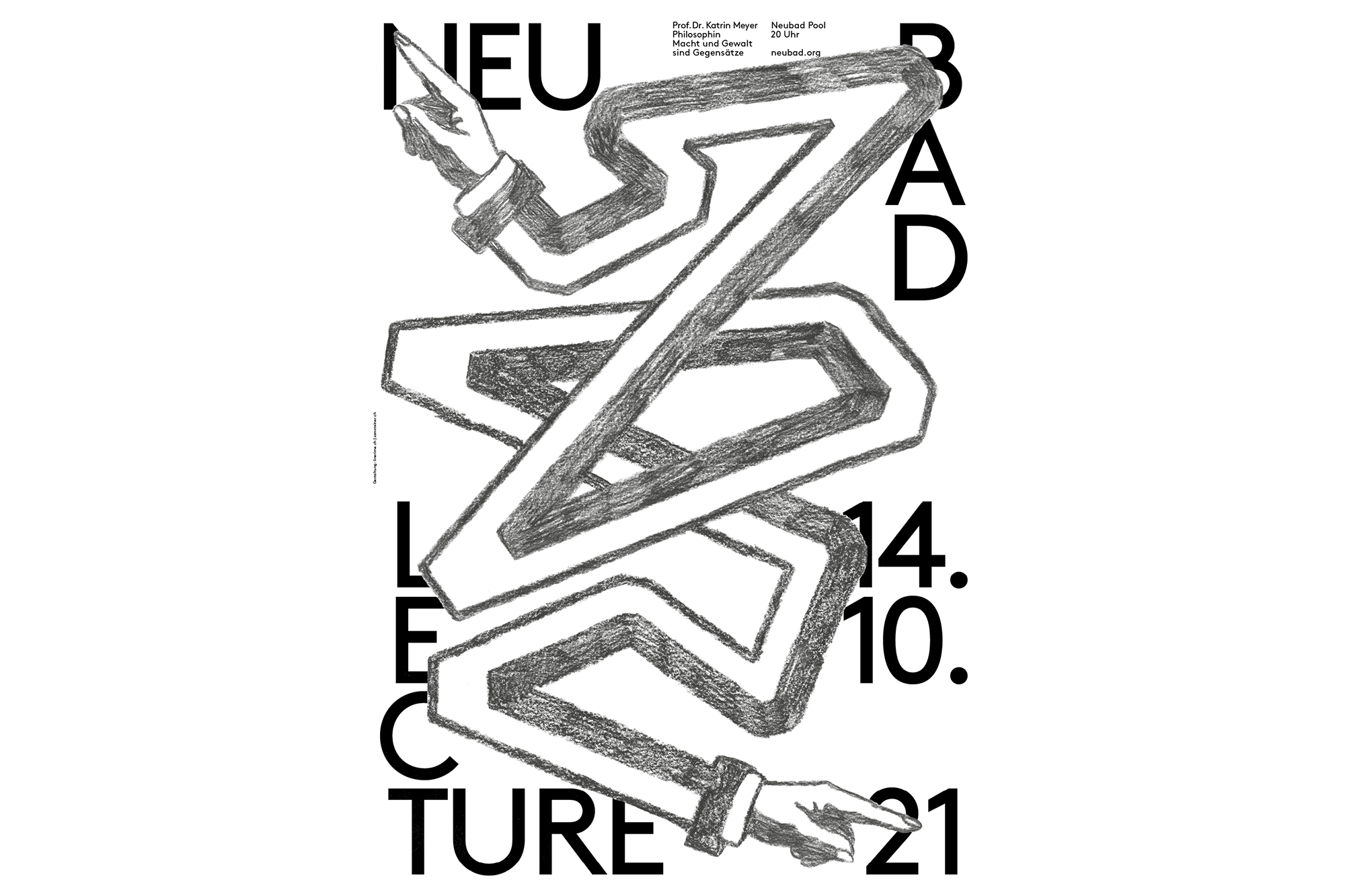 Ein schwarz-weiss Plakat mit Typographie und Illustration