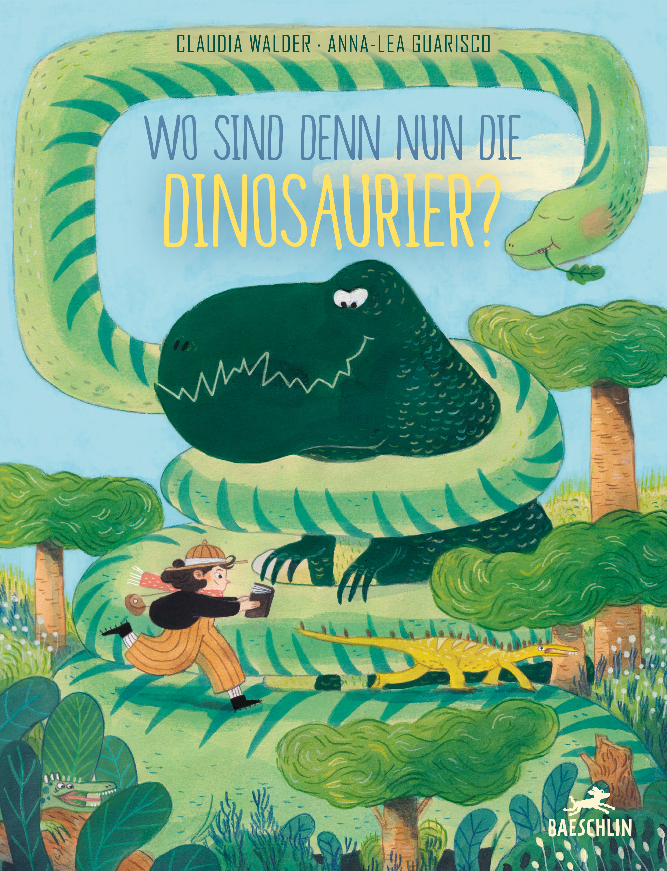 Cover des Bilderbuches für Kinder mit dem Titel "Wo sind denn nur die Dinosaurier?". Auf dem Cover ist ein Mände zu sehen, das einem kleinen Dino hinterher rennt. Über ihr ist ein grosser Dinosaurier, der von einer Schlange umwickelt ist.
