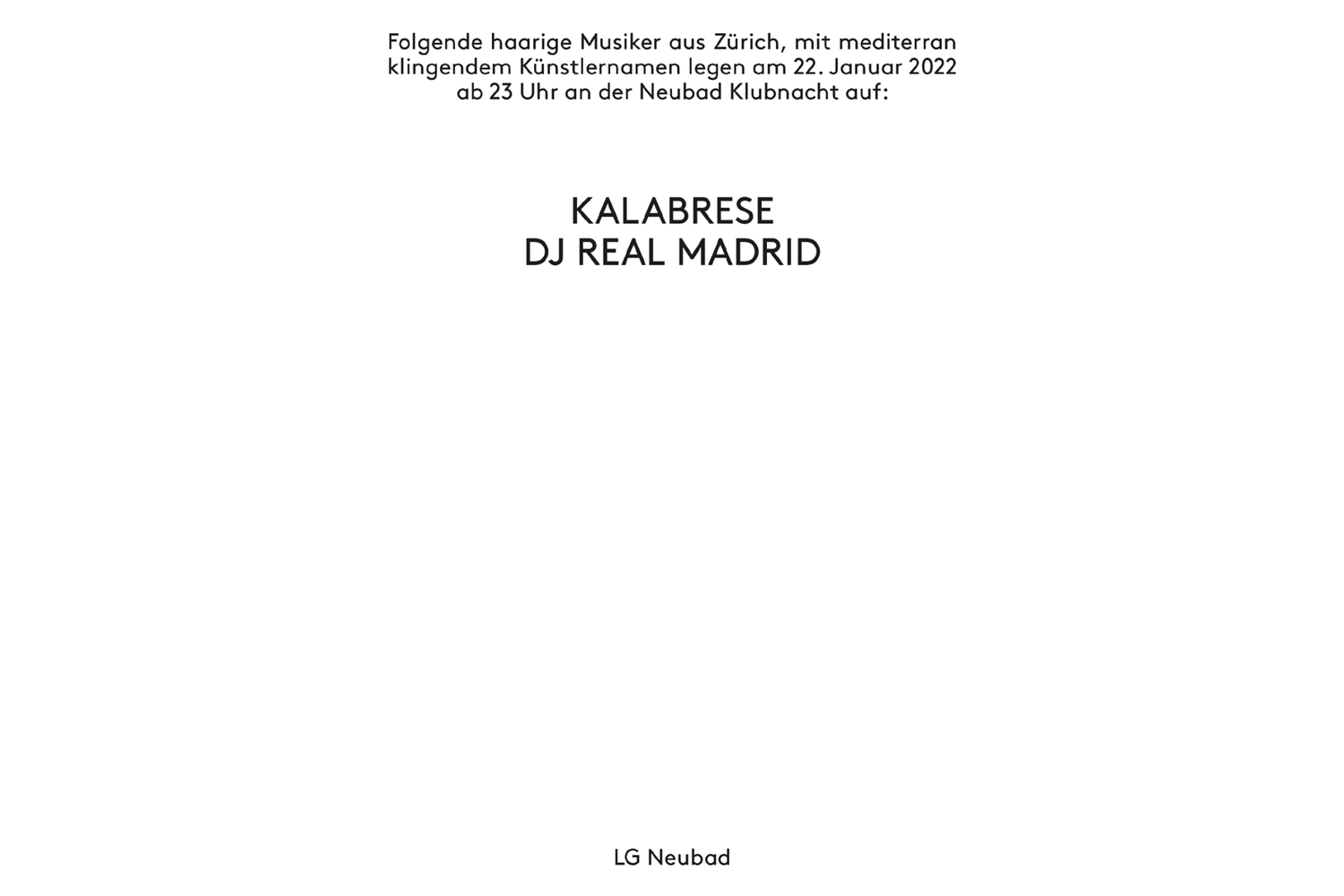 Humorvolles Plakat für die Klubnacht mit Kalabrese und DJ Real Madrid.