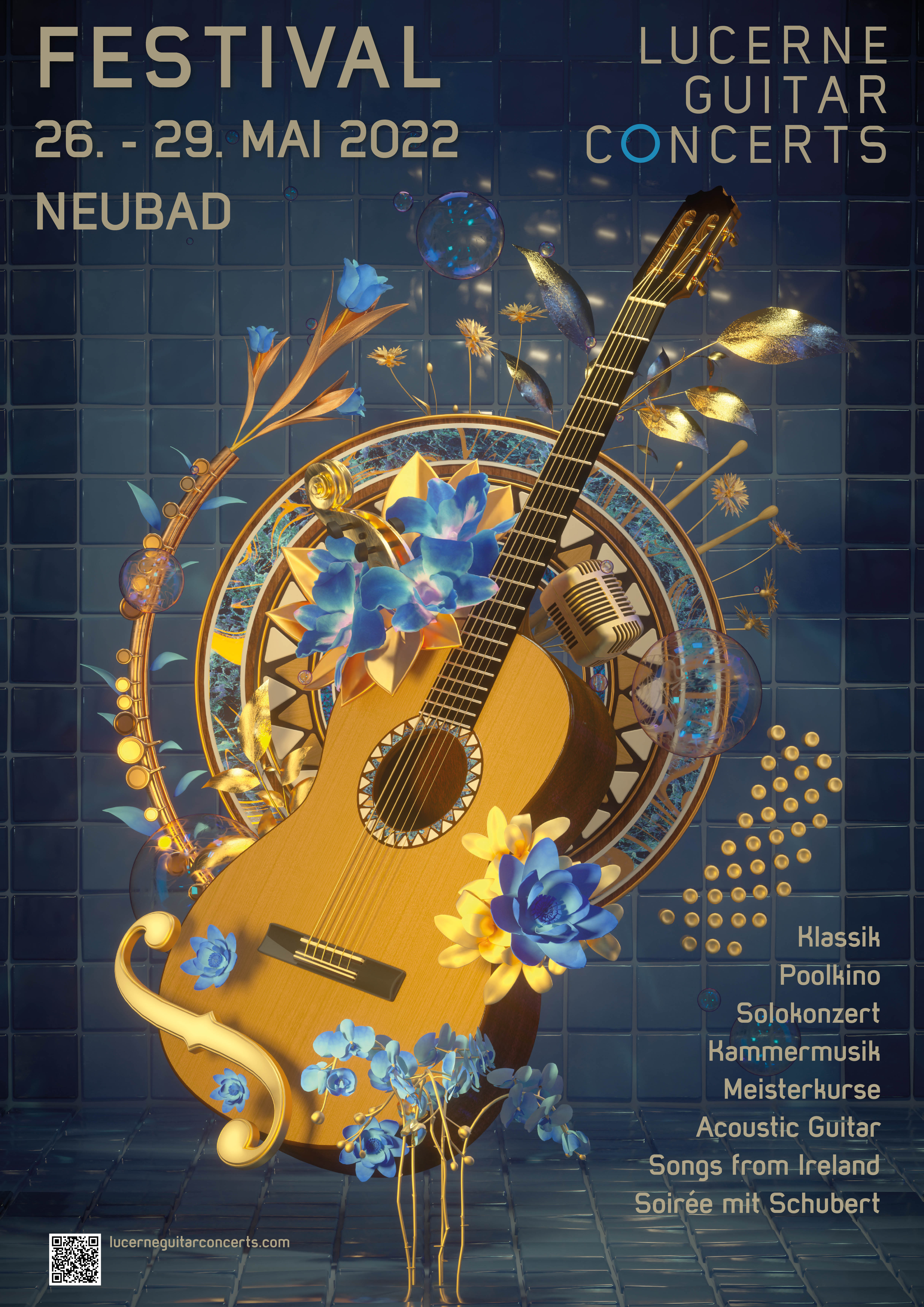 Ein Plakat für das Guitar Festival mit einer Gitarre, die vor einer blauen Wand aus Fliesen schwebt und von Blumen umgeben ist.