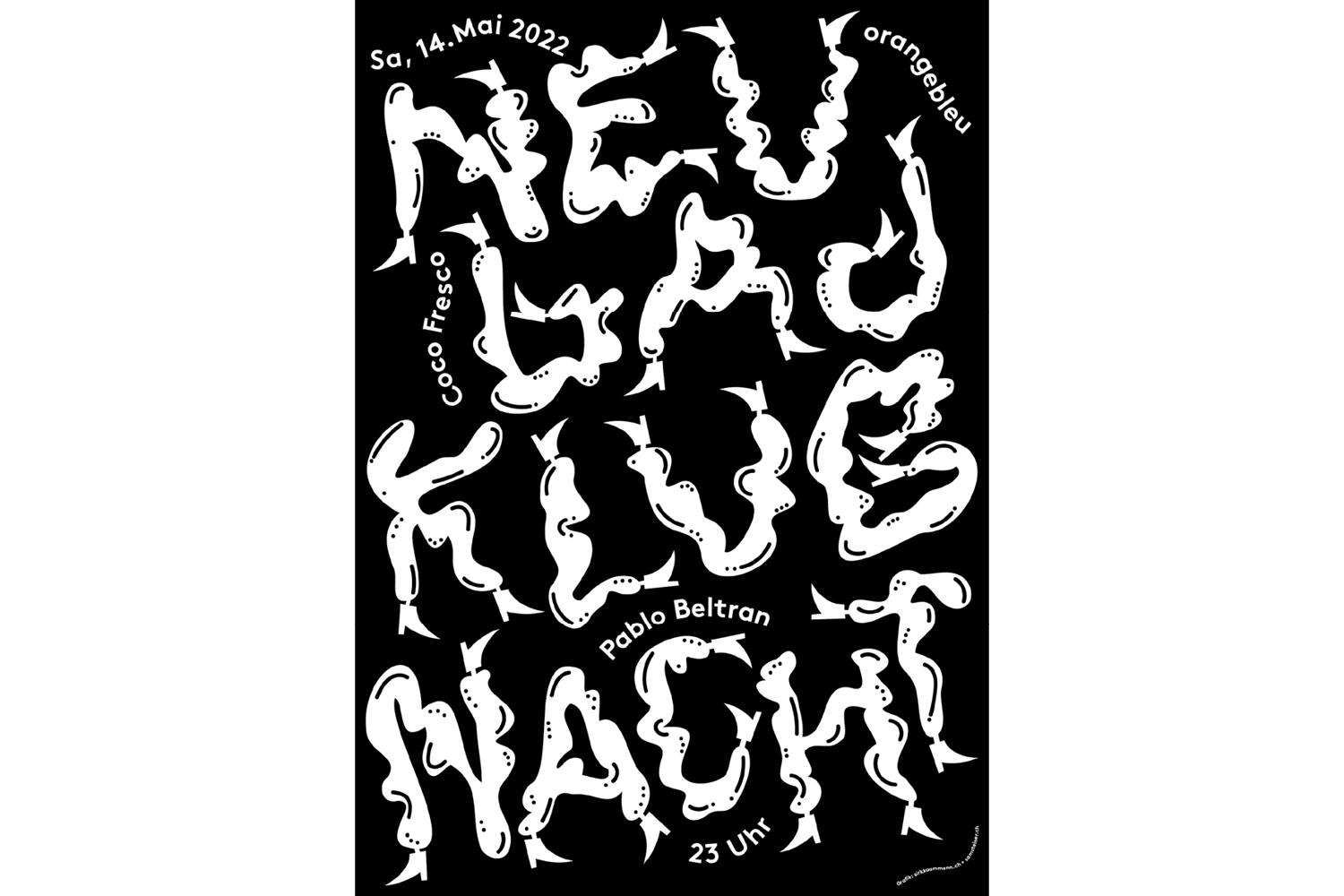 Schwarz-Weisses Plakat für die Klubnacht am 14. Mai mit tanzender Schrift.