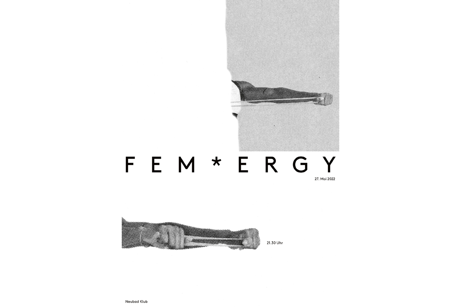 Plakat für die Veranstaltung Fem*ergy mit drei Armen auf weisser und grauer Fläche und dem Wort Fem*ergy in der Mitte geschrieben.