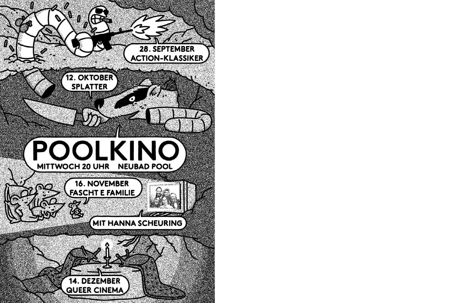 Plakat in schwarz-weiss für alle Poolkino-Veranstaltungen bis Ende 2022.