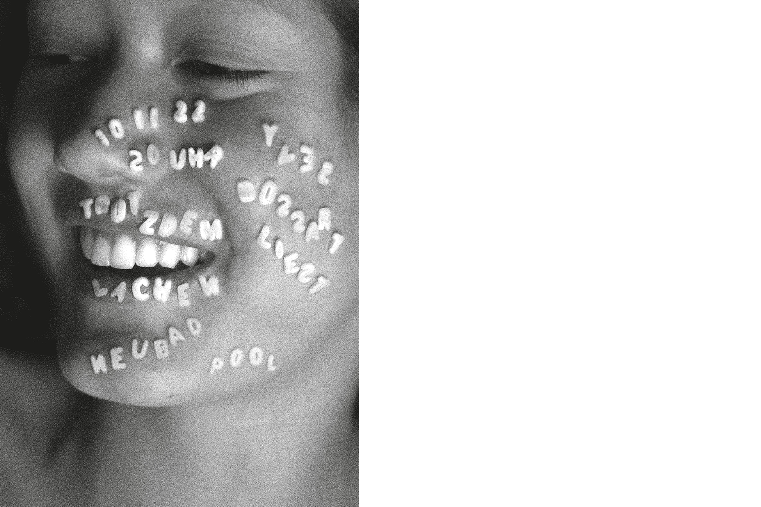 Das Veranstaltungsplakat zur Lesung von Yves Bossart zeigt eine lachende Frau mit Suppenbuchstaben auf ihrem Gesicht
