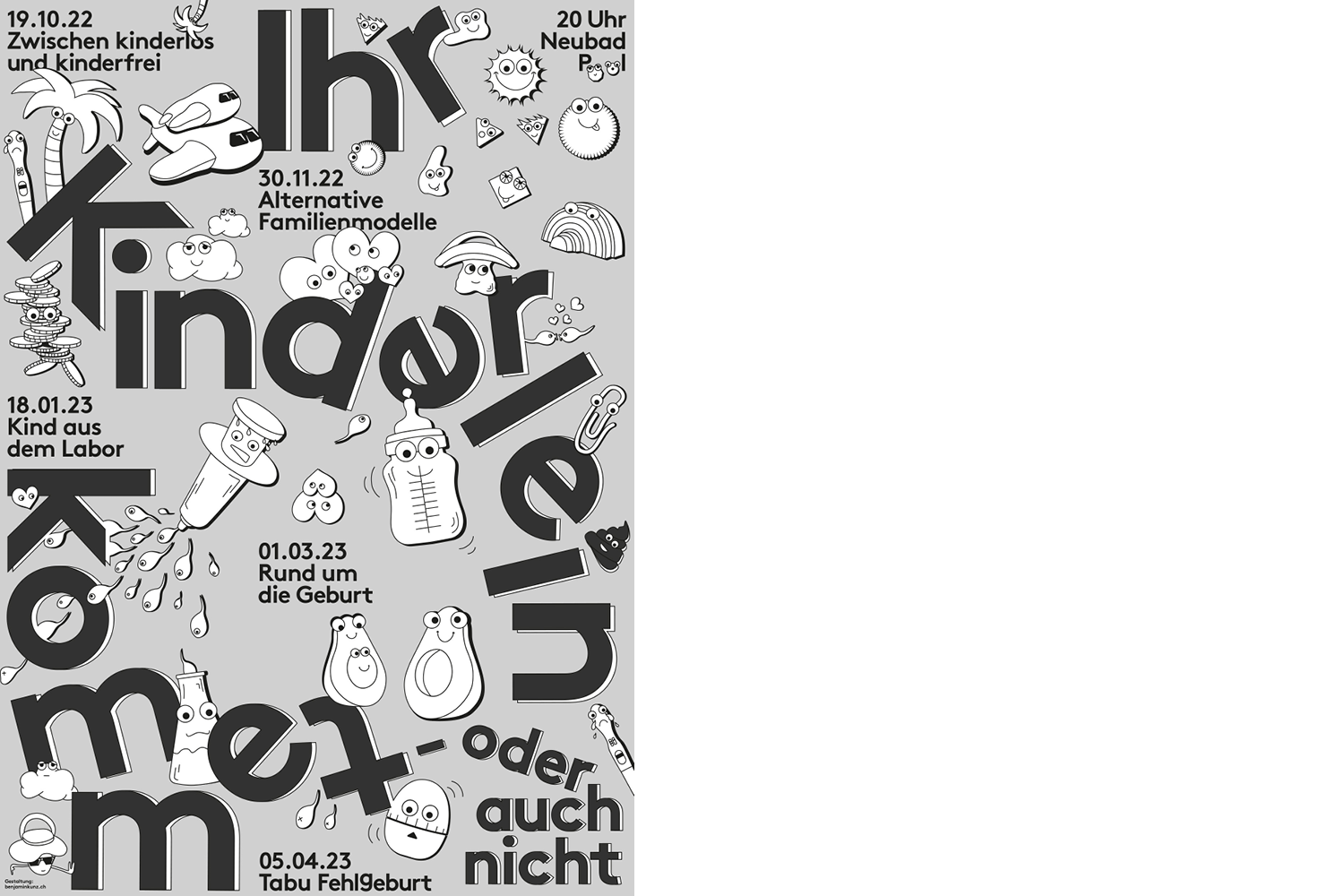 Ein Plakat für die GEsprächsreihe "Kinderliein kommet - oder auch nicht" mit ebendiesem Titel. Nebst Text hat es diverse Zeichennungen und Symbole rund ums Kinderkriegen.