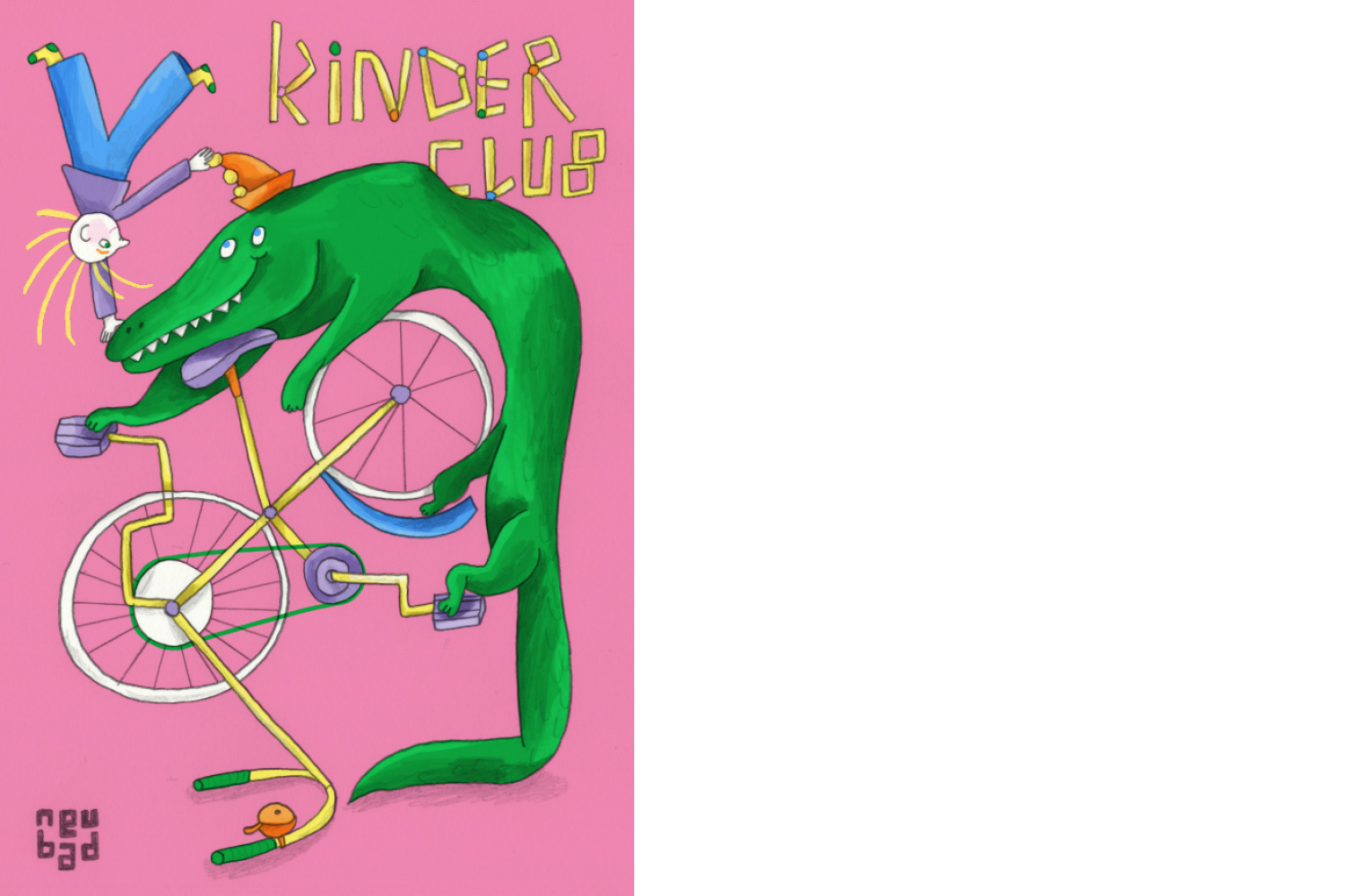 Illustration für den Neubad Kinderklub Zirkus Workshop mit einem grünen Krokodil, welches mit einer Figur Kunststücke auf einem gelben Fahrrad macht.