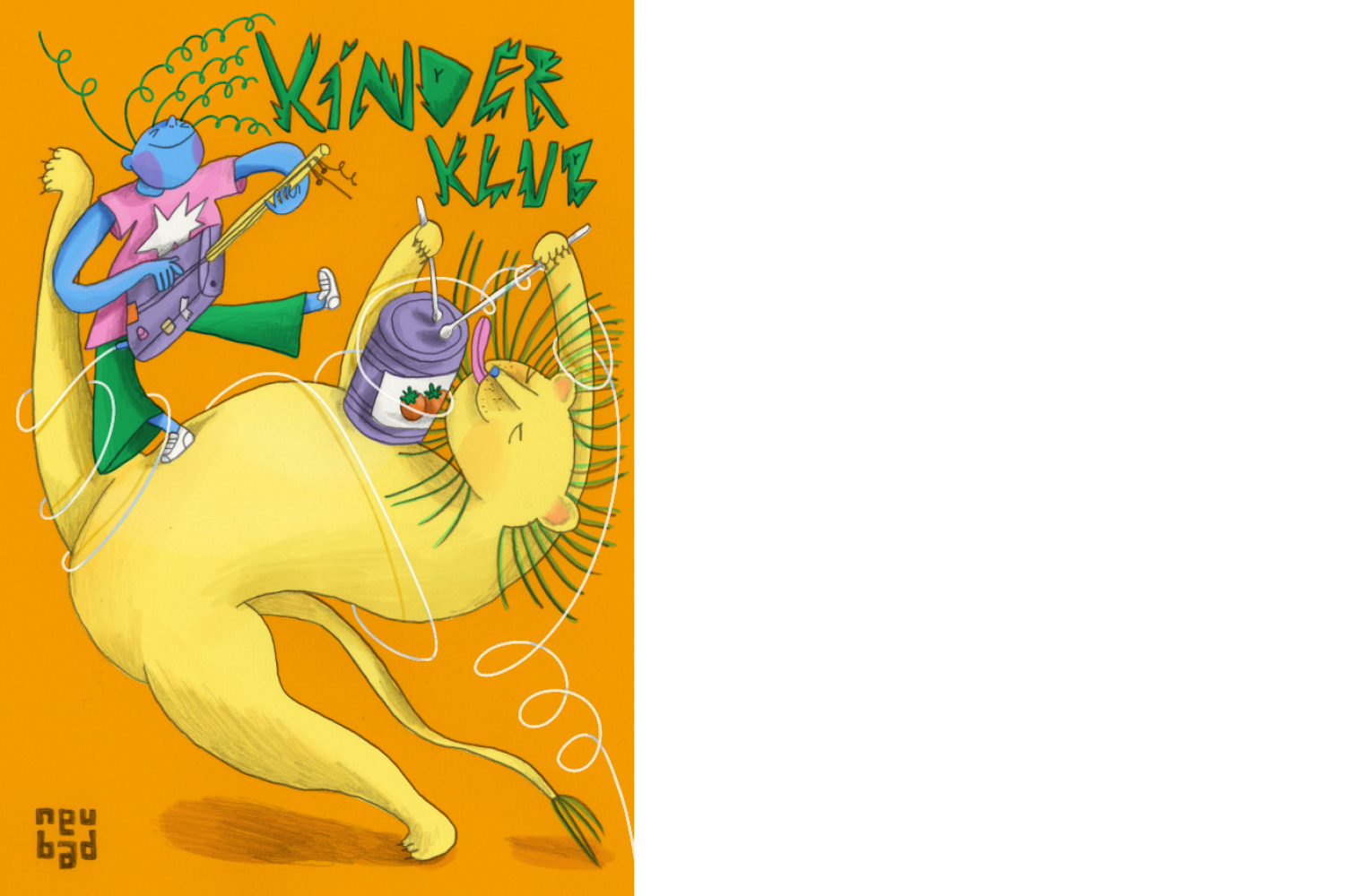 Illustration für den Kinderklub Workshop: Upcycling mit einem gelben Löwen, der auf einer Dose trommelt und einer blauen Figur mit Gitarre