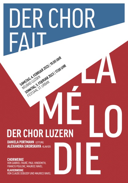Der Flyer zum Konzert von "Der Chor". Weisse Schrift, roter und blauer Hintergrund.