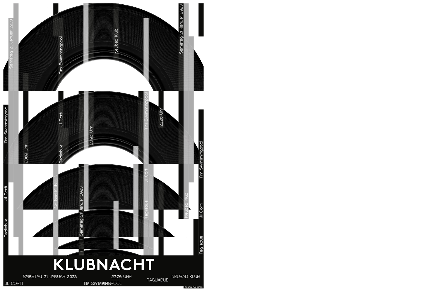 Plakat für die Klubnacht mit Tagliabue mit Vin.yl-Platten und grauen, schwarzen und weissen Flächen