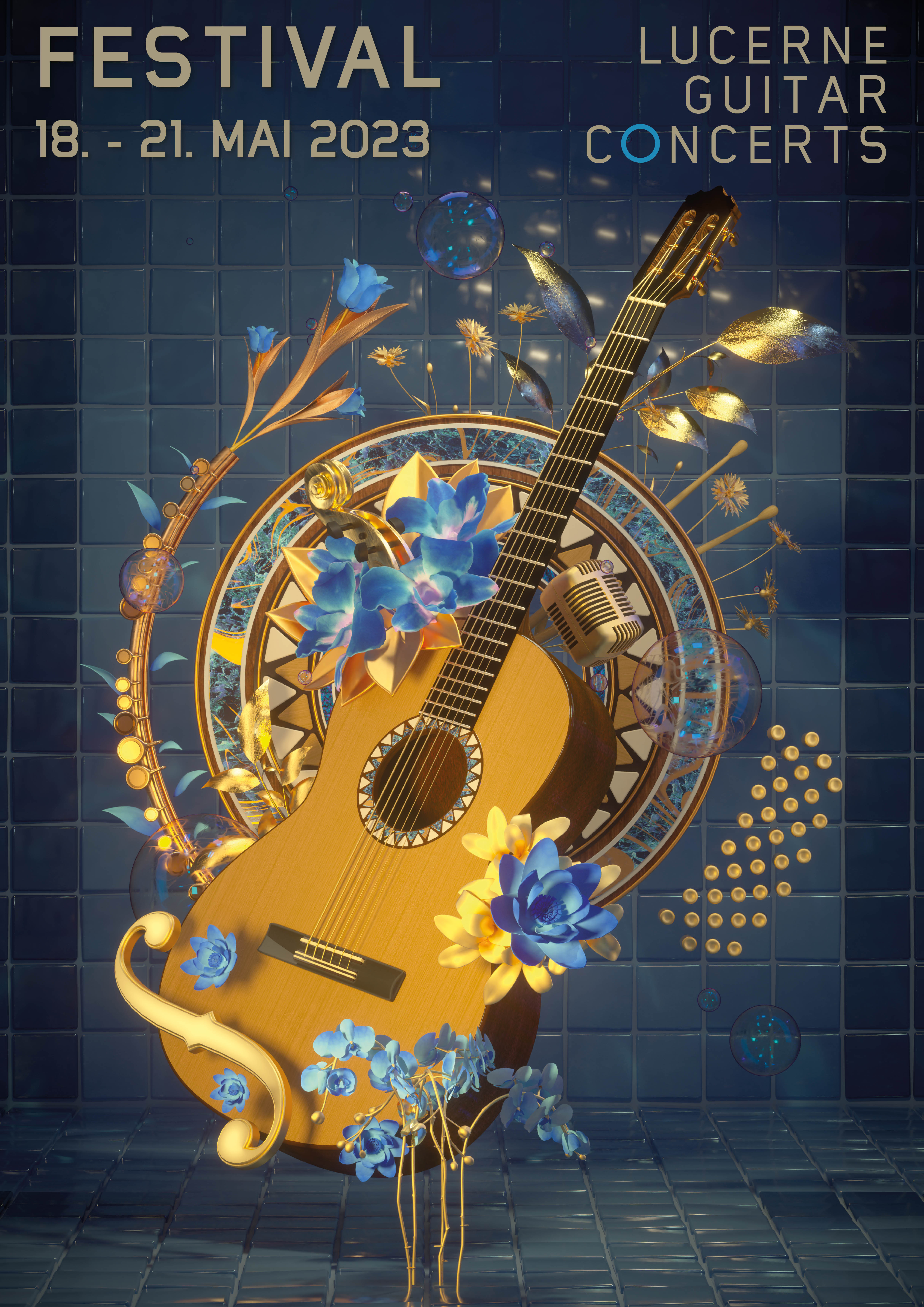 Ein Plakat zum FEstival mit einer Gitarre in der Bildmitte, aus der blaue und gelbe Blumen wachsen. IM Hintergrund eine Wand aus Kaceheln in verschiedenen Blautönen.