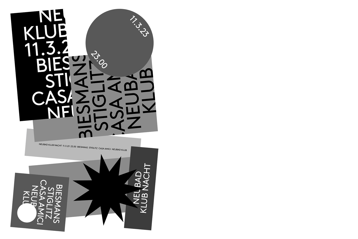 Plakat für die Klubnacht mit Biesmans, Stiglitz und Casa Amici. Darauf sind Rechtecke, Kreise und ein Stern in verschiedenen Grautönen und Schwarz zu sehen. 