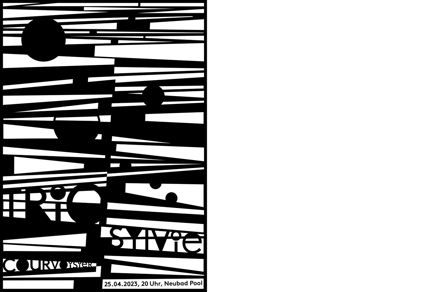Konzertplakat für Sylvie Courvoysyer Trio mit schwarzen und weissen Zacken, schwarzen Kreisen und kleiner Schrift mit allen Infos