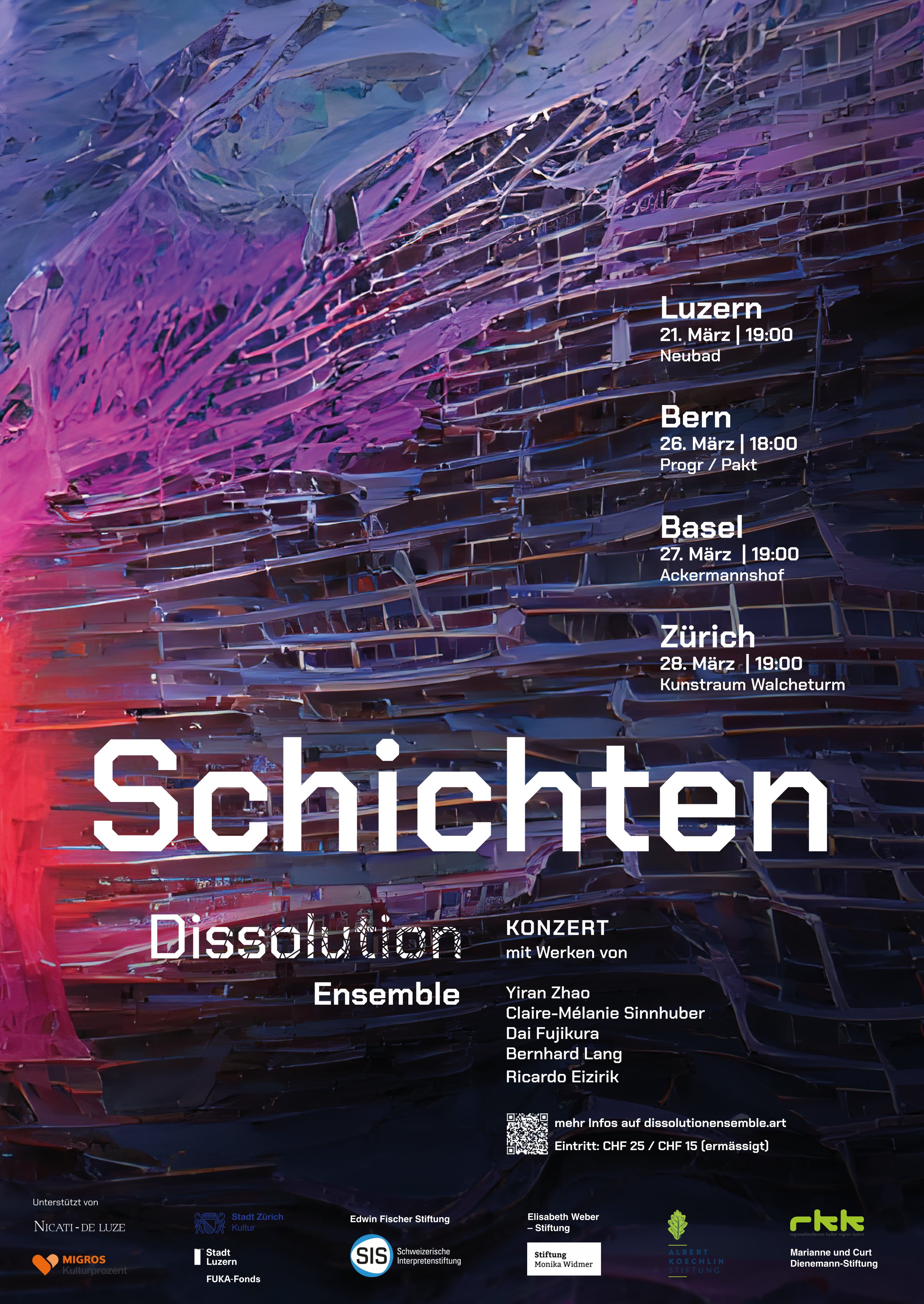 Ein Plakat mit Sponsoren und Infoschrift in weiss: Schichten - Dissolution Ensemble. Farbiger rot, blau, violetter Hintergrund mit digitaler Struktur.