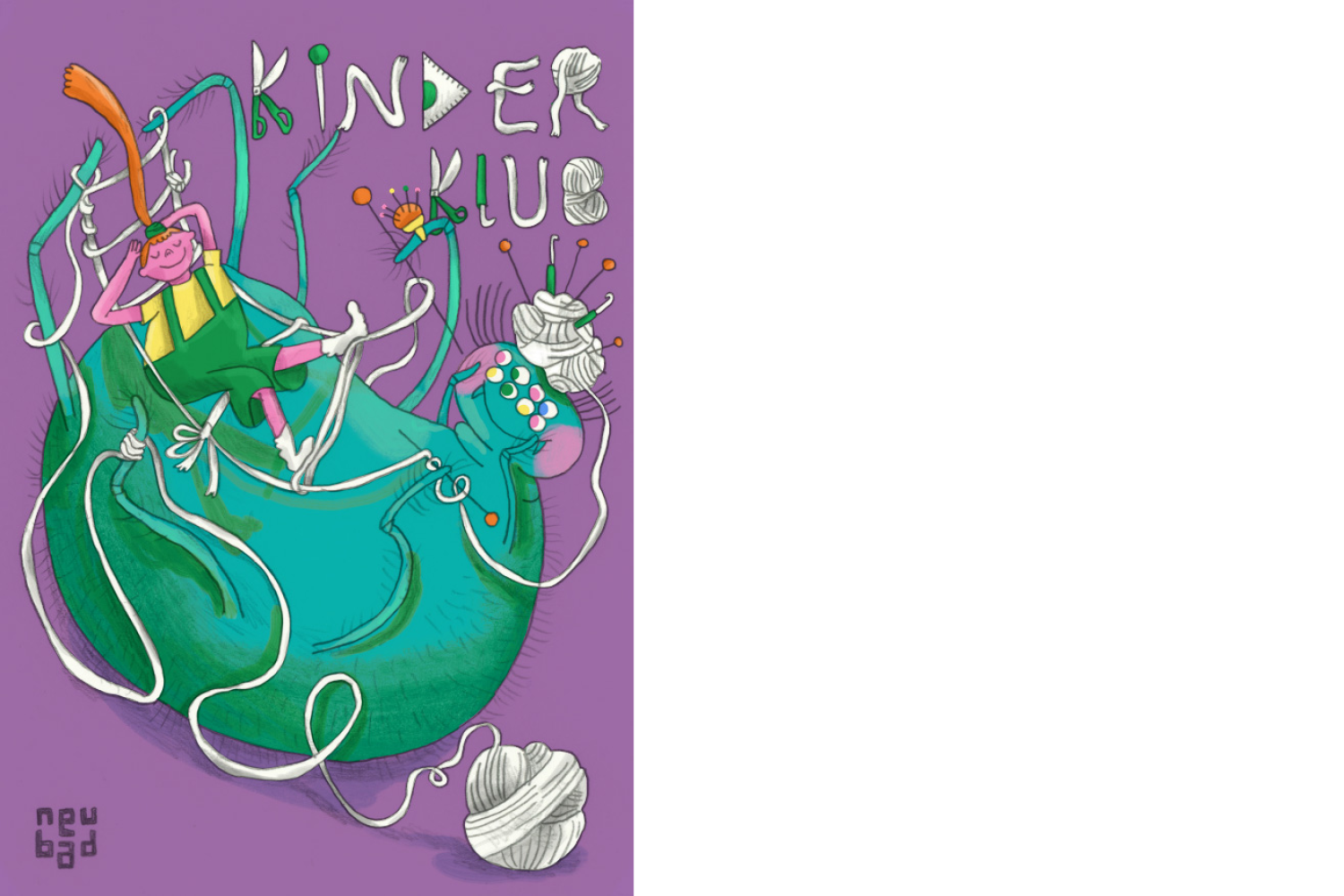 Illustration für den Kinderklub Workshop: Spinnereien mit einer grünen Spinne, die auf dem Rücken liegt und zwischen ihren Beinen eine Hängematte strickt. Darin liegt ein Kind und entspannt gemütlich.