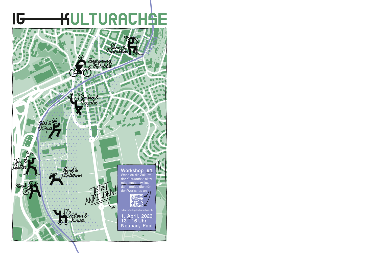 Das Plakat für dne Workshop zeigt eine grün eingefärbe Karte des Freigleises. Gewisse Orte für Aktivitäten sind gekennzeichnet.