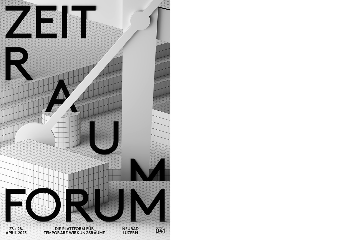 Plakat für das Zeit Raum Forum im Neubad Luzern. Darauf ist ein komplett gefliester Raum zu sehen, indem ein grosser Uhrzeiger und die Worte Zeit, Raum, Forum stehen.