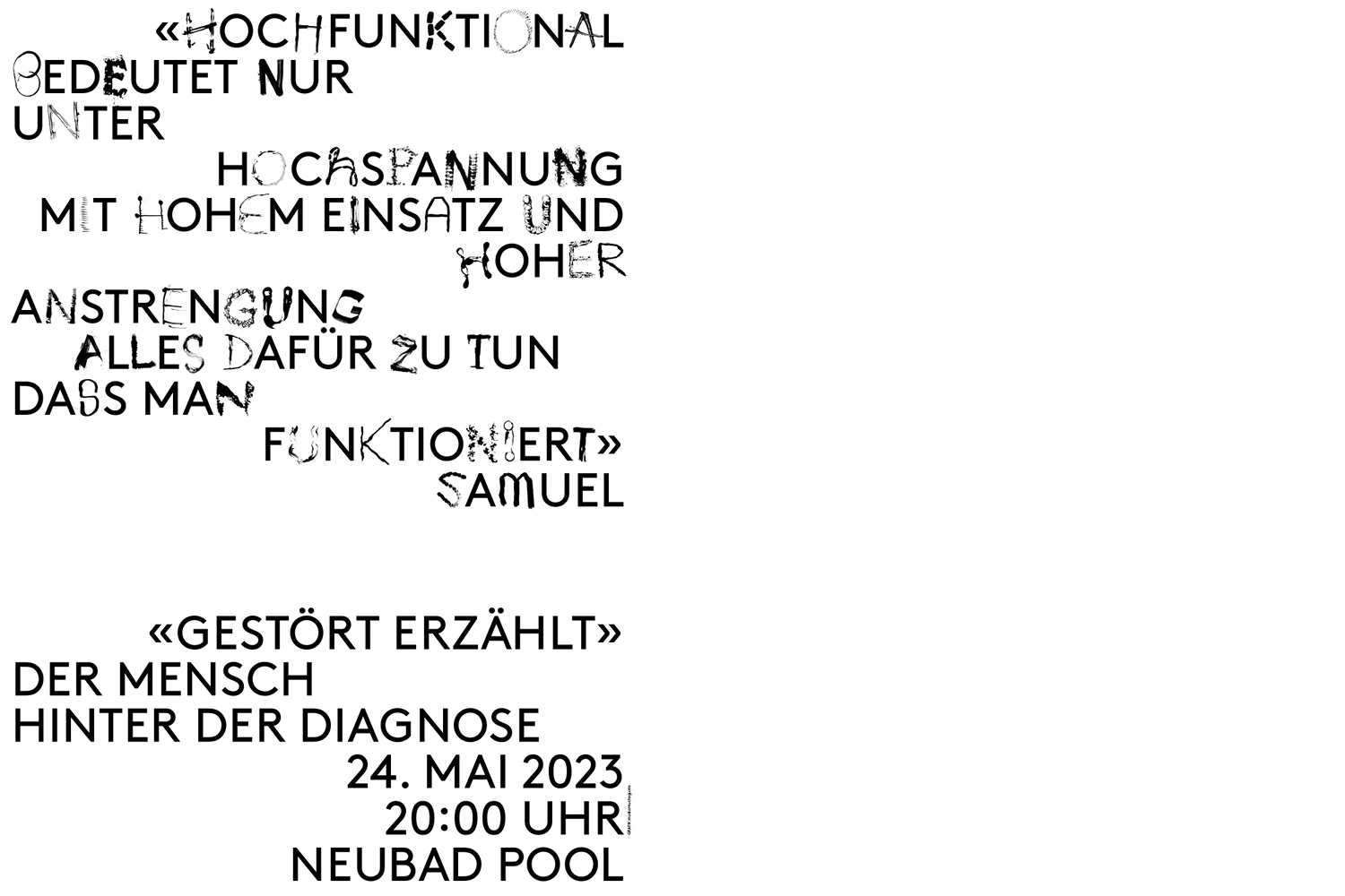 Typografisches Plakat für die Veranstaltung «gestört erzählt» mit Heidi in schwarzer Schrift auf weissem Grund. Darauf sind die Veranstaltungsinfos und ein Zitat zu lesen.