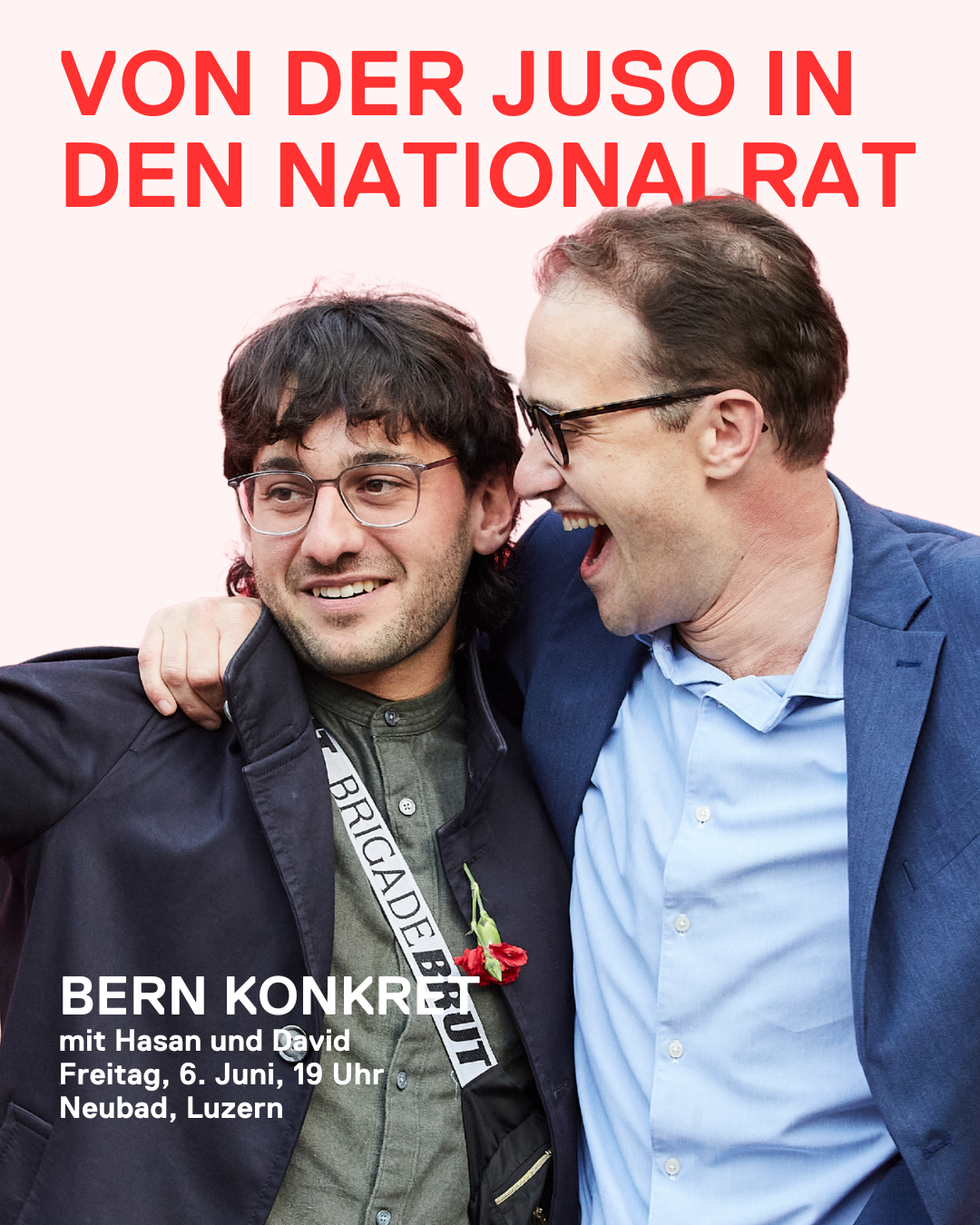 Zwei Männer mit Brille auf einem Flyer. Oben in rot der Titel der Veranstaltung.