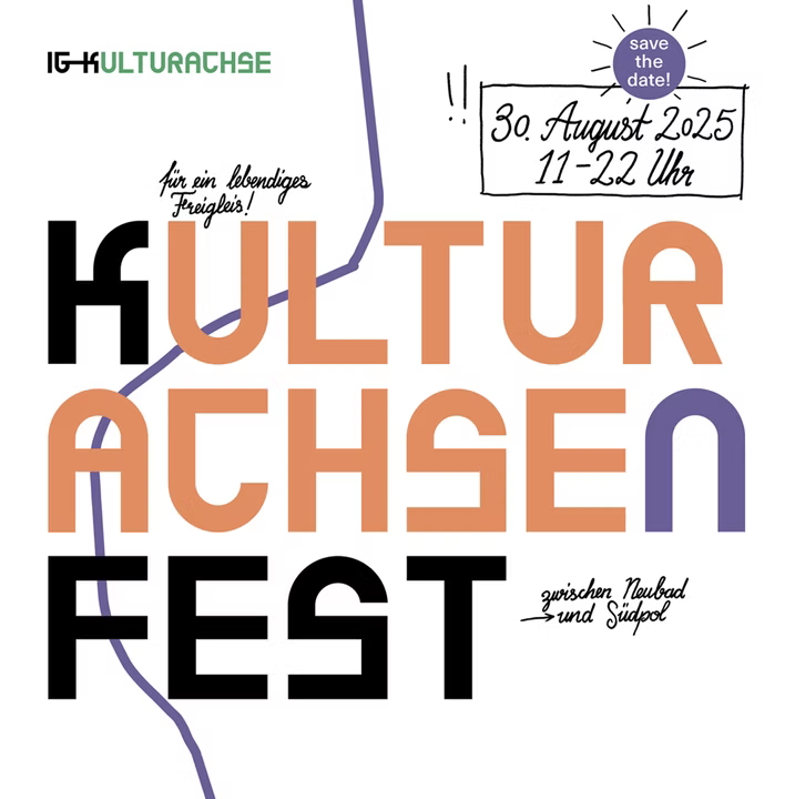 Eine Grafik für das Kulturachsenfest. Auf weissem Grund steht in ortanger und schwarzer Schrift "Kulturachsenfest". Es ist nur Text auf dem Flyer, keine Illustration.