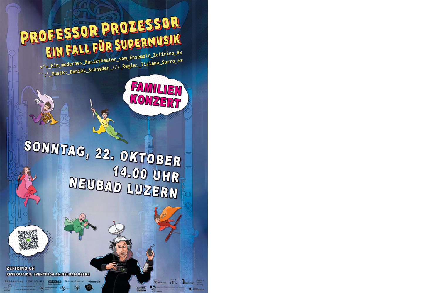 fünf bunte Personen in Superheldenkostümen fliegen um eine Person herum, die viele elektronische Geräte um sich geschnallt hat.