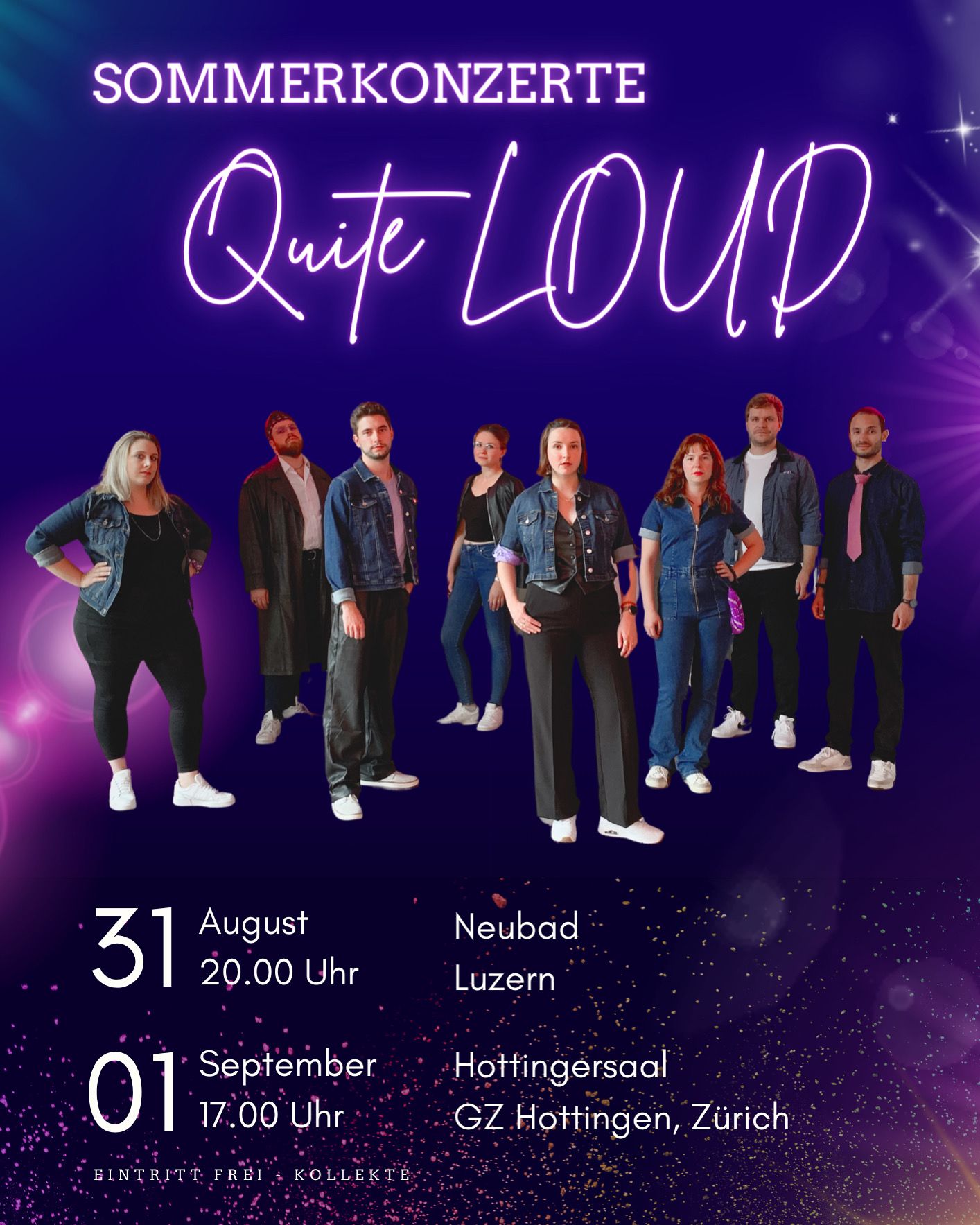 Illustration Quite LOUD, 8 Personen stehen nebeneinander, violetter Hintergrund