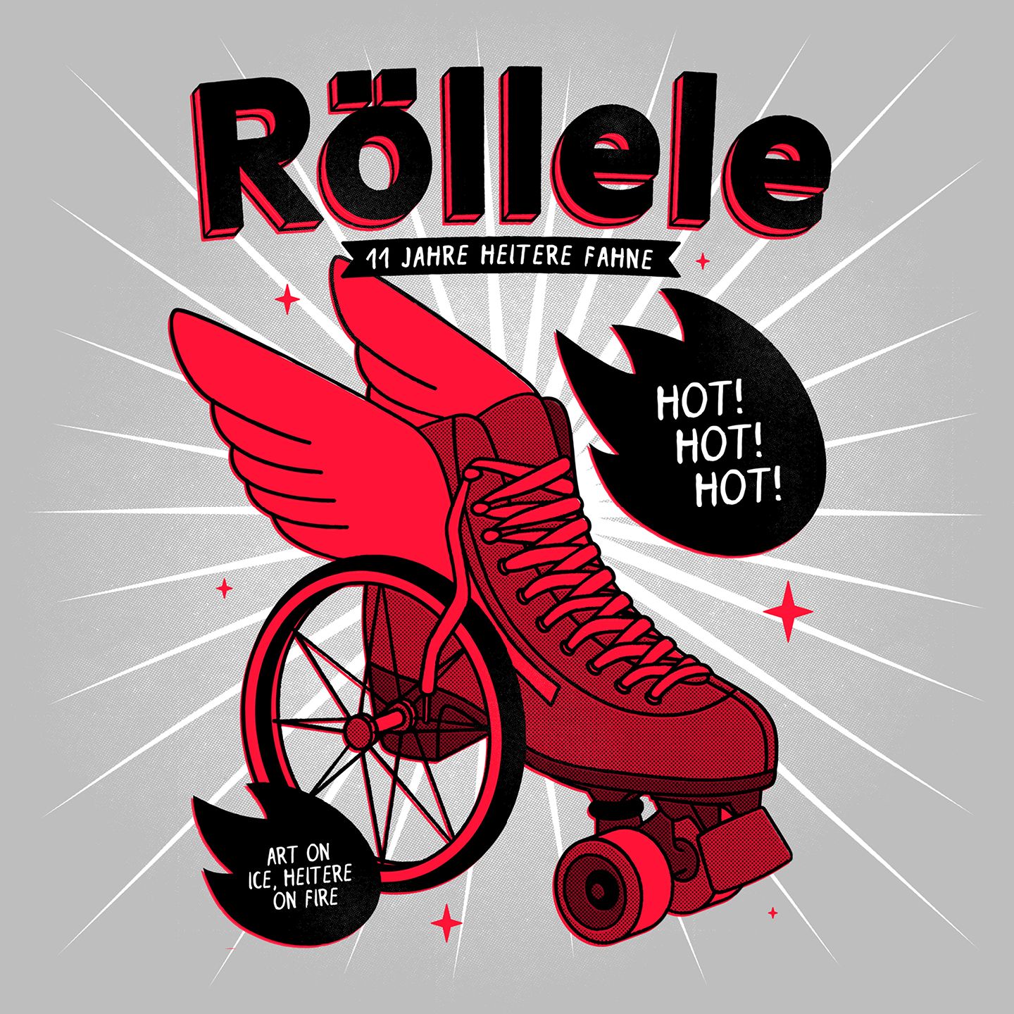 Illustration: Ein Roter Rollschuh mit Flügeln auf grauem Hintergrund, dessen Hinterräder dem eines Rollstuhls ähneln. In Schwarzer Schrift steht gross "Röllele" über dem Rollschuh.