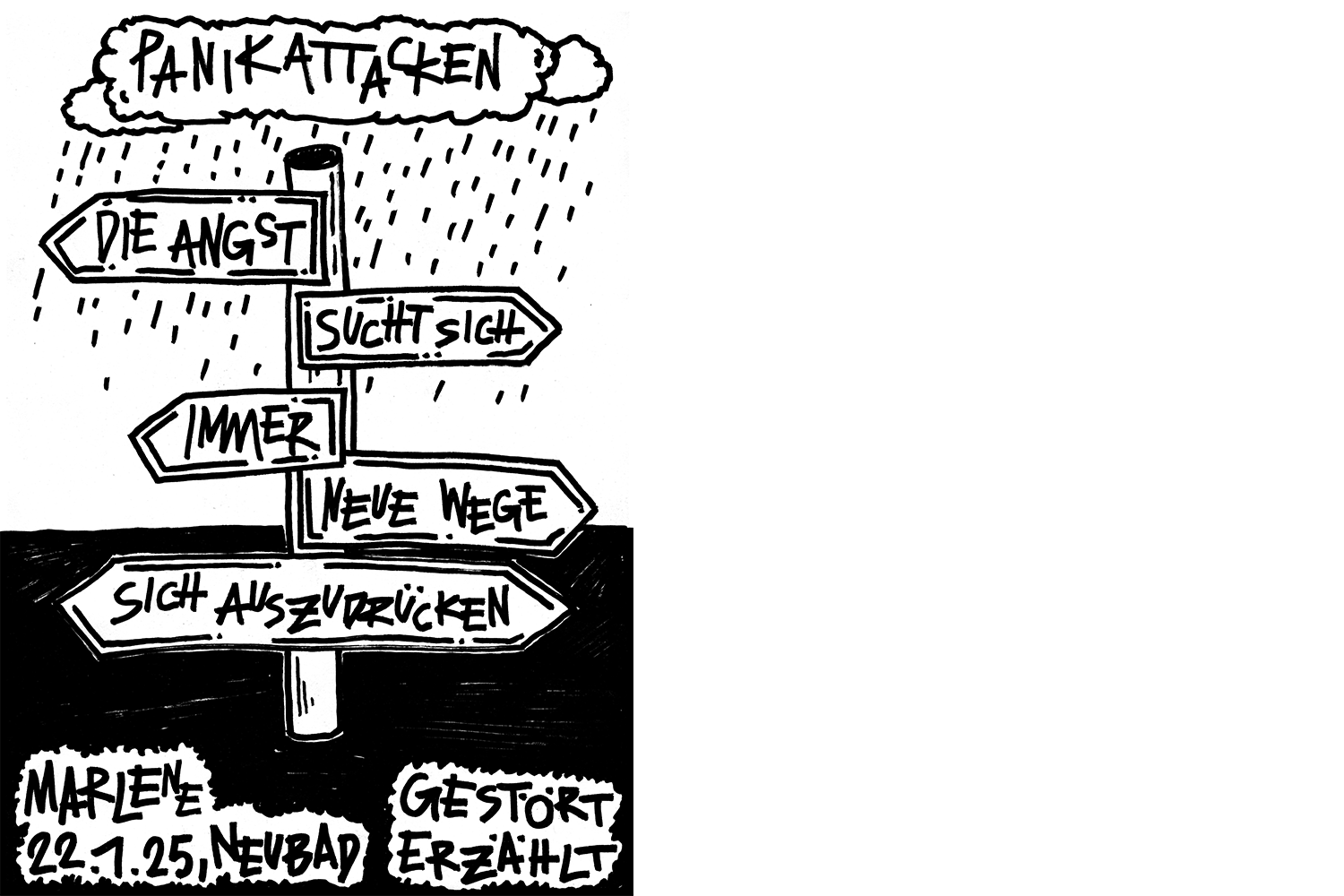 Die von Hand gezeichnete Illustration zeigt einen Pfosten mit Wegweisern in verschiedene Richtungen. Darauf steht verteilt «Die Angst sucht sich immer neue Wege sich auszudrücken». Oberhalb des Wegweisers befindet sich eine Wolke, die regnet. Darin steht der Begriff «Panikattacken»