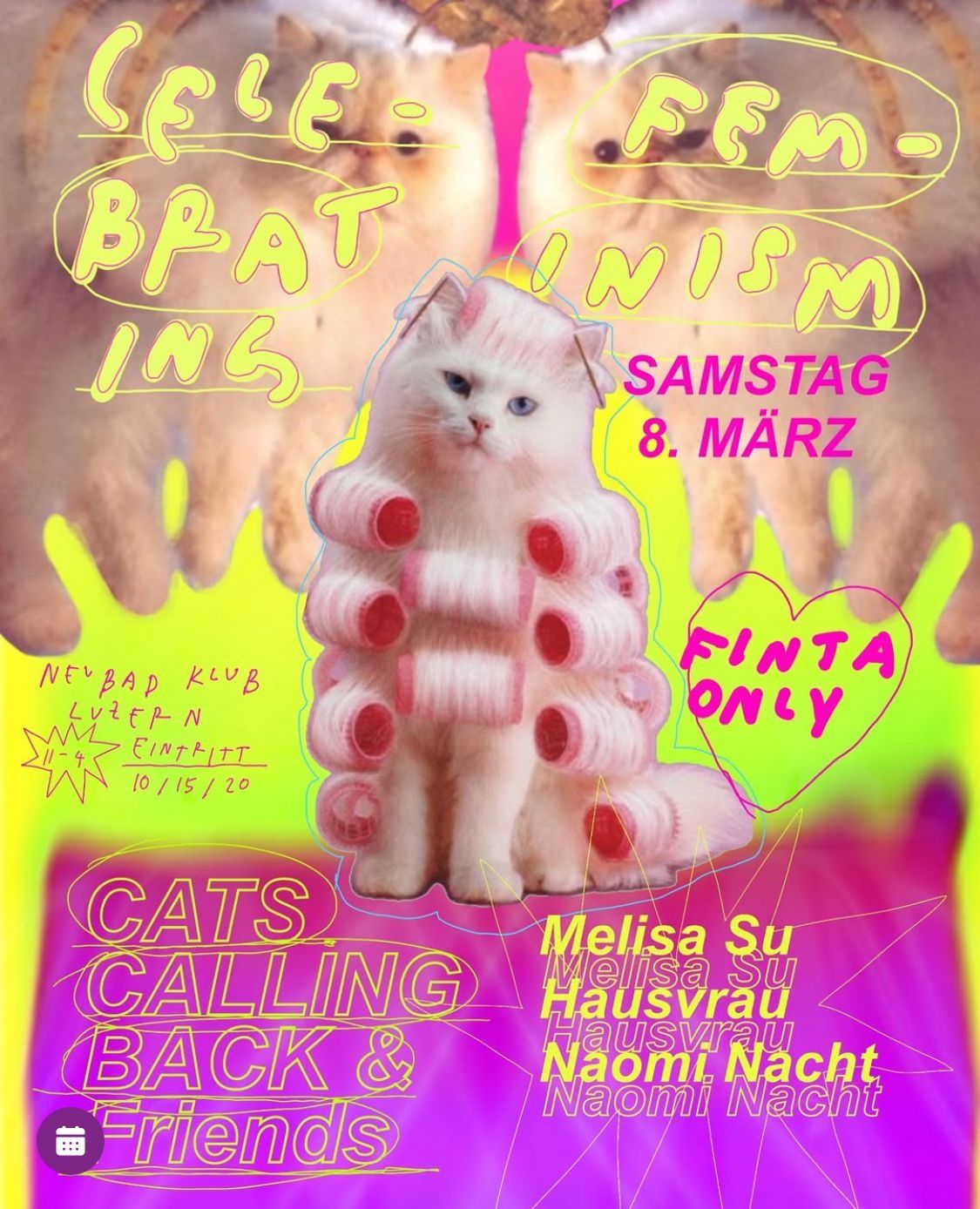 Eine helle Katze im Hintergrund mit Pinker Schriftzug