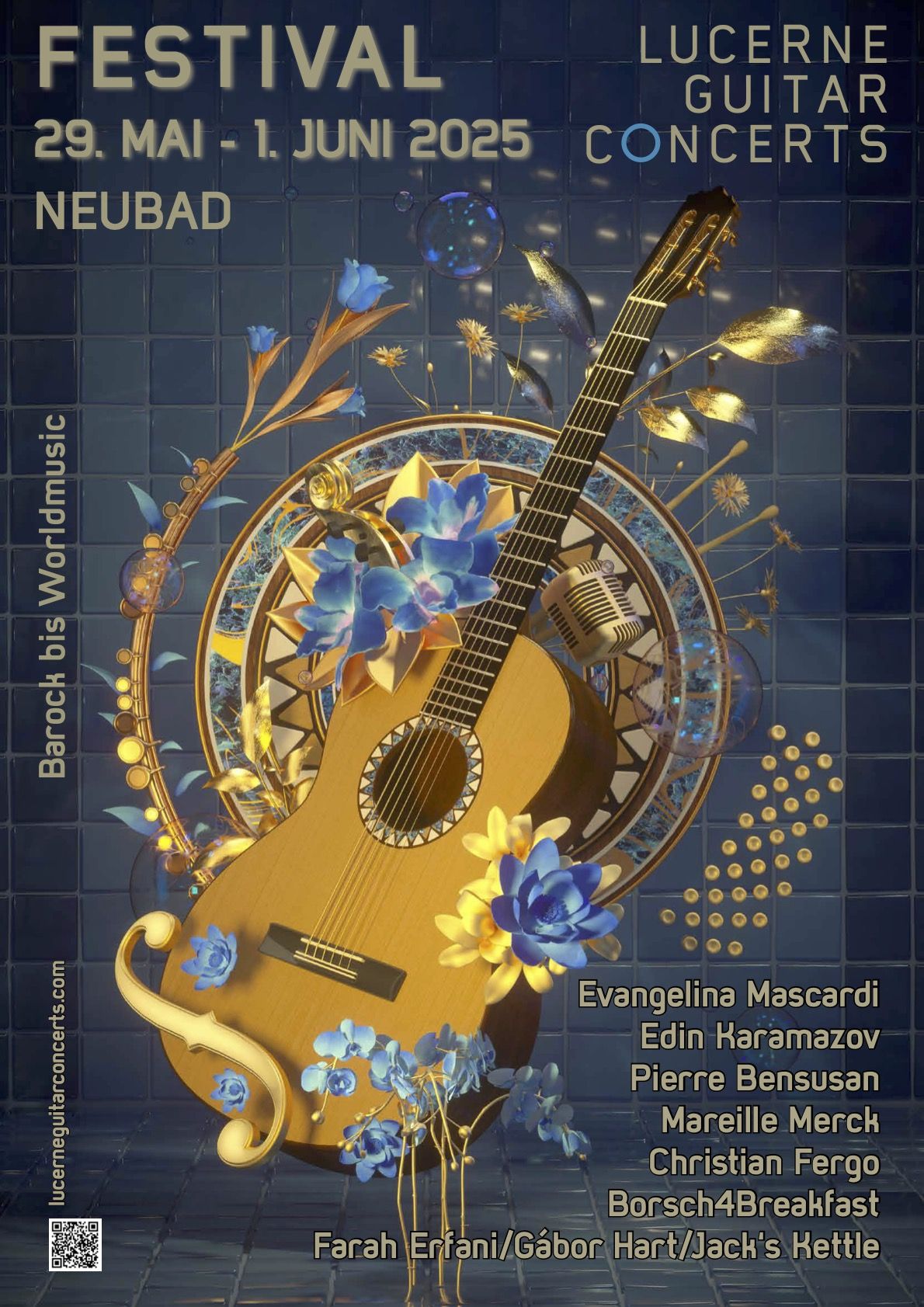 Eine gezeichnete Gitarre mit farbigen Blumen umrahmt. Es ist ein Plakat für ein Gitarrenfestival. Entsprechend hat es auch Text mit den auftretenden Musiker*innen und dem Titel des FEstivals drauf.