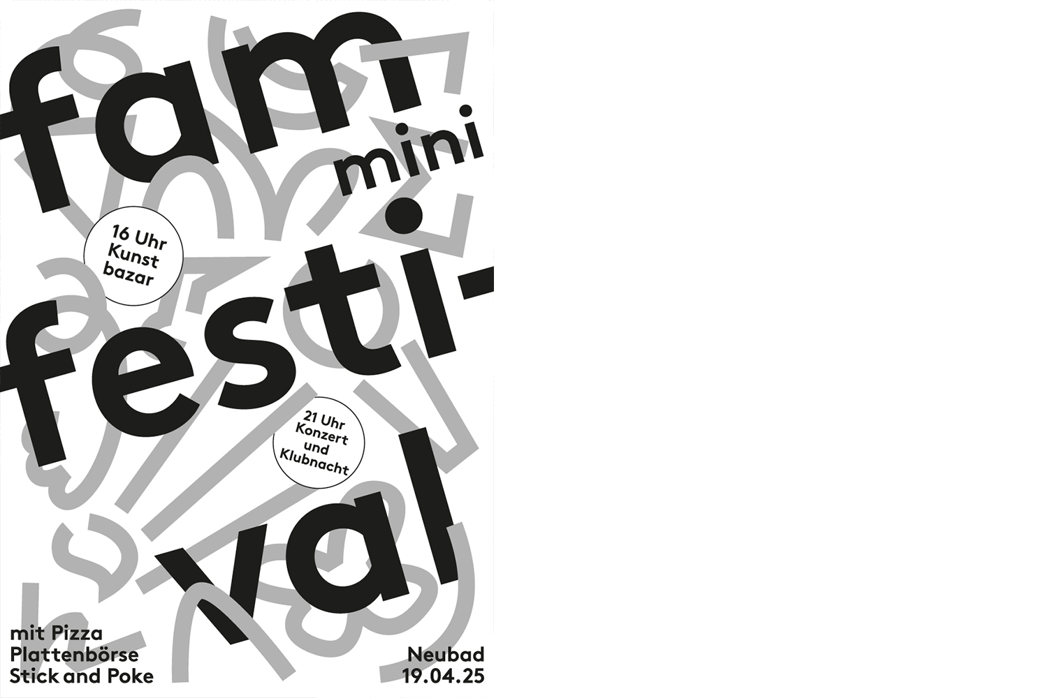 schwarz-weisses Plakat mit Schriftzug «fam mini Festival» in schwarz und grauen Elementen