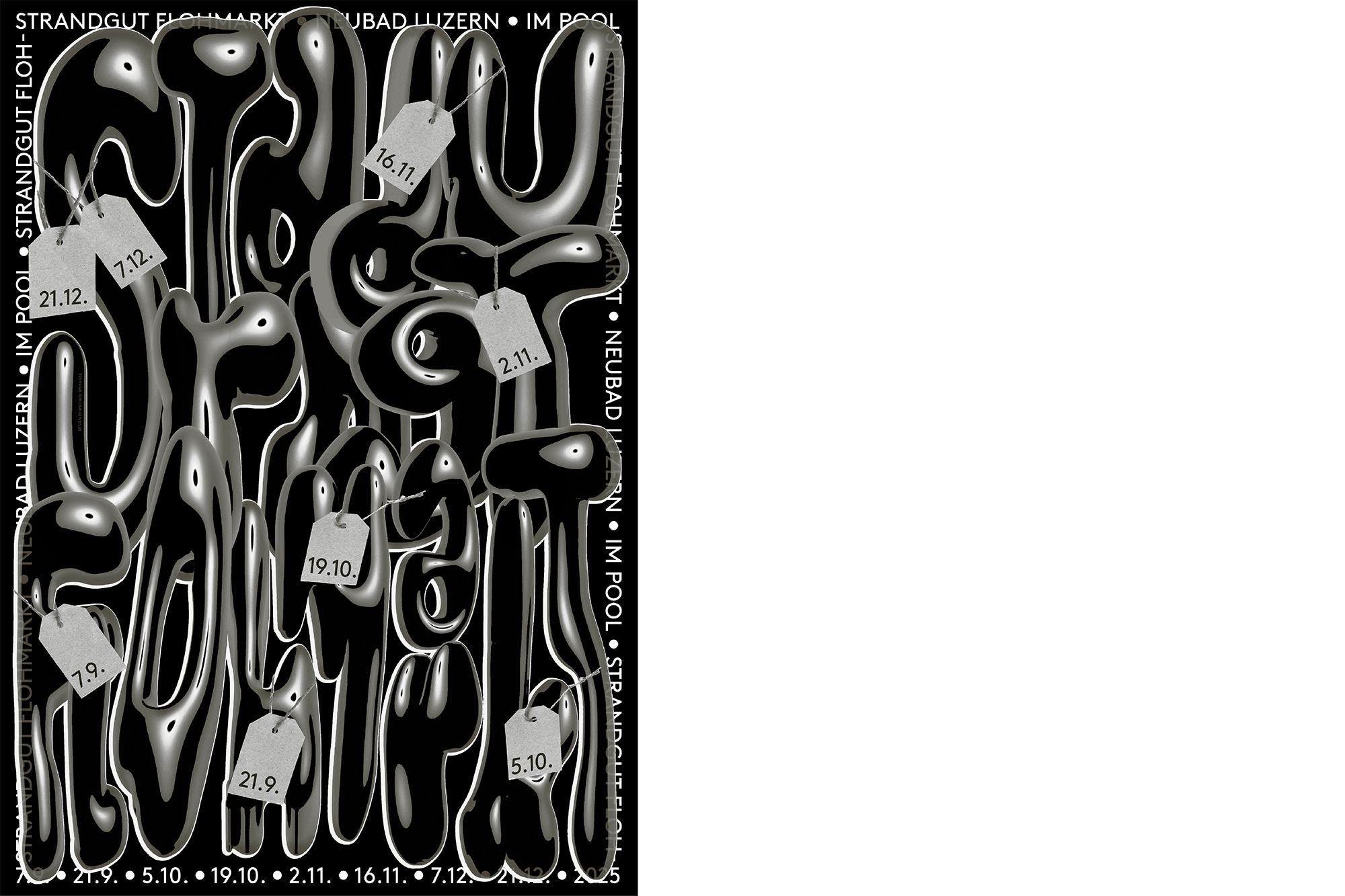 Illustration Strandgut. Schwarze, dicke, rundliche Buchstaben, die das Wort "Strandgut" ergeben auf schwarzem Hintergrund. An jedem Buchstaben ist ein Preisettiket angeheftet mit den jeweiligen Terminen für das Jahr 2025.