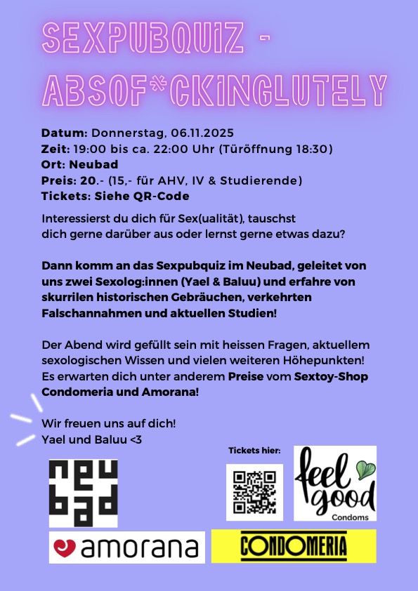 Ein Flyer mit lila Hintergrund mit viel Text. Unten auf dem Flyer sind Logos der Partnerschaften.