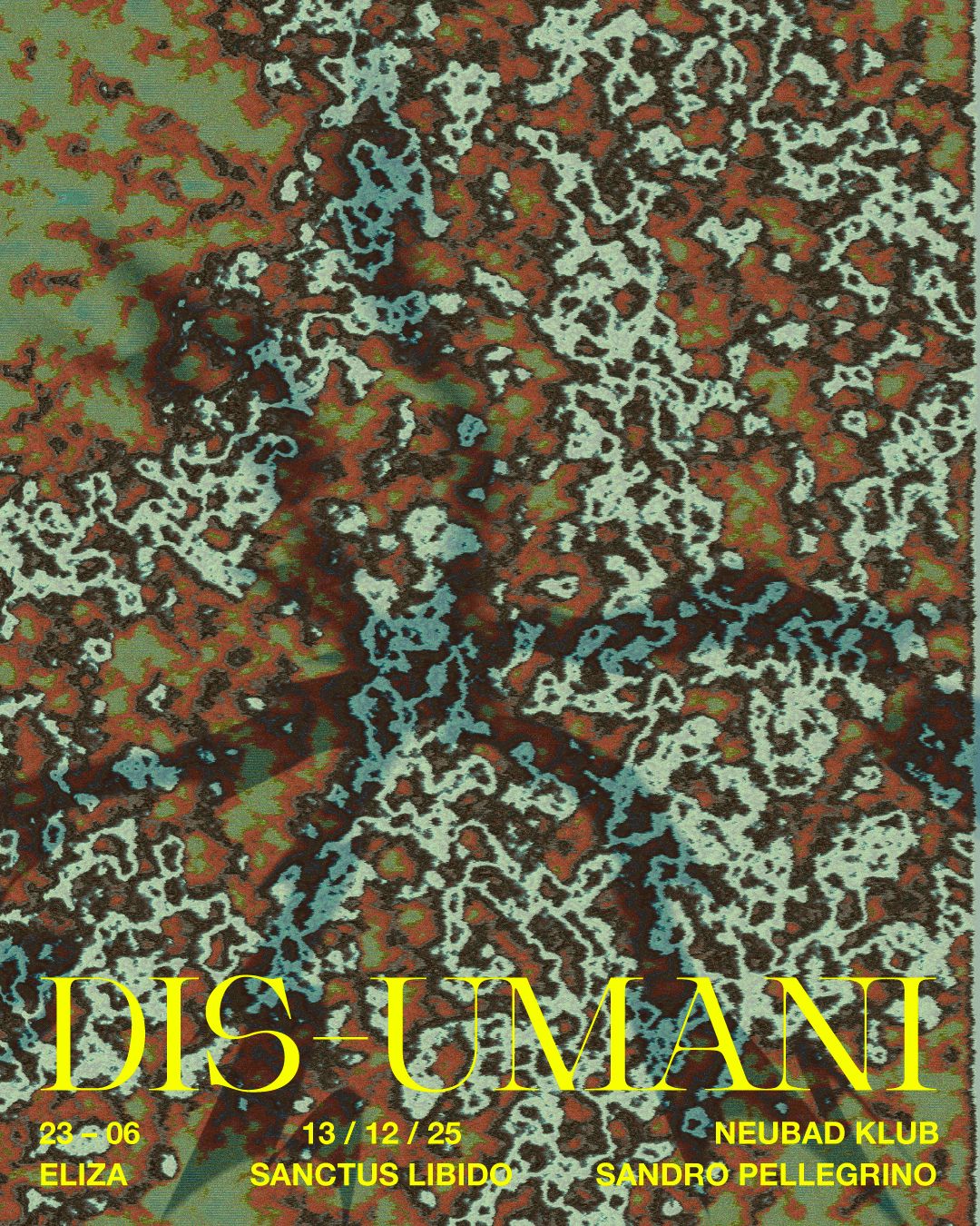 Grün-blaue, moosartige Struktur und gelbe Schrift am unteren Bildrand