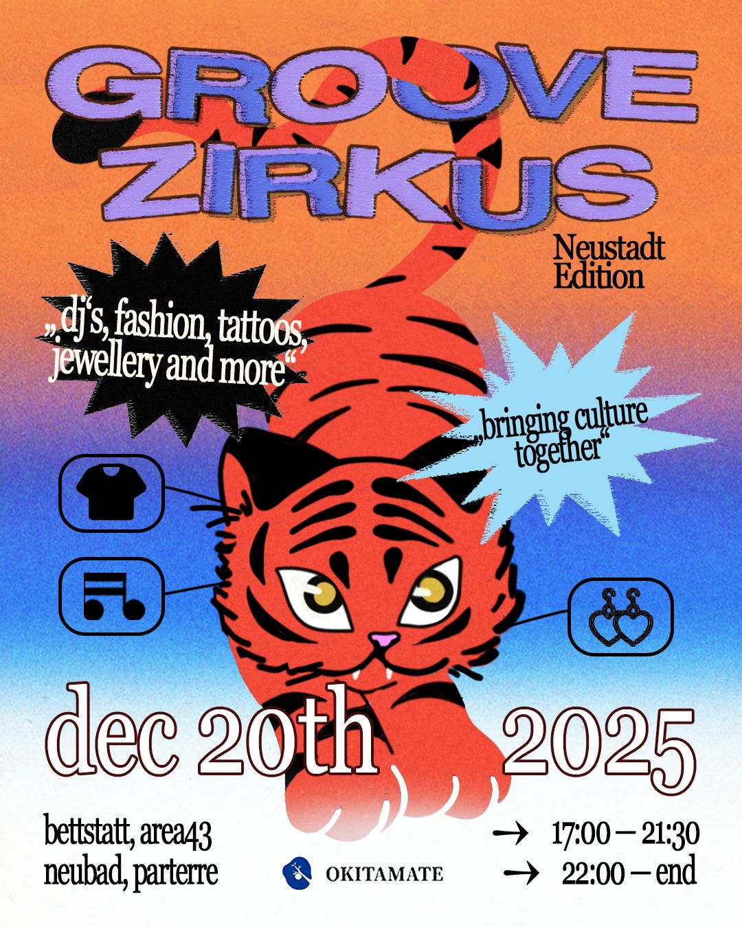 Illustration mit einem kleinen Tiger, dessen Schwanz sich um den violetten Schriftzug "groove zirkus" schlängelt