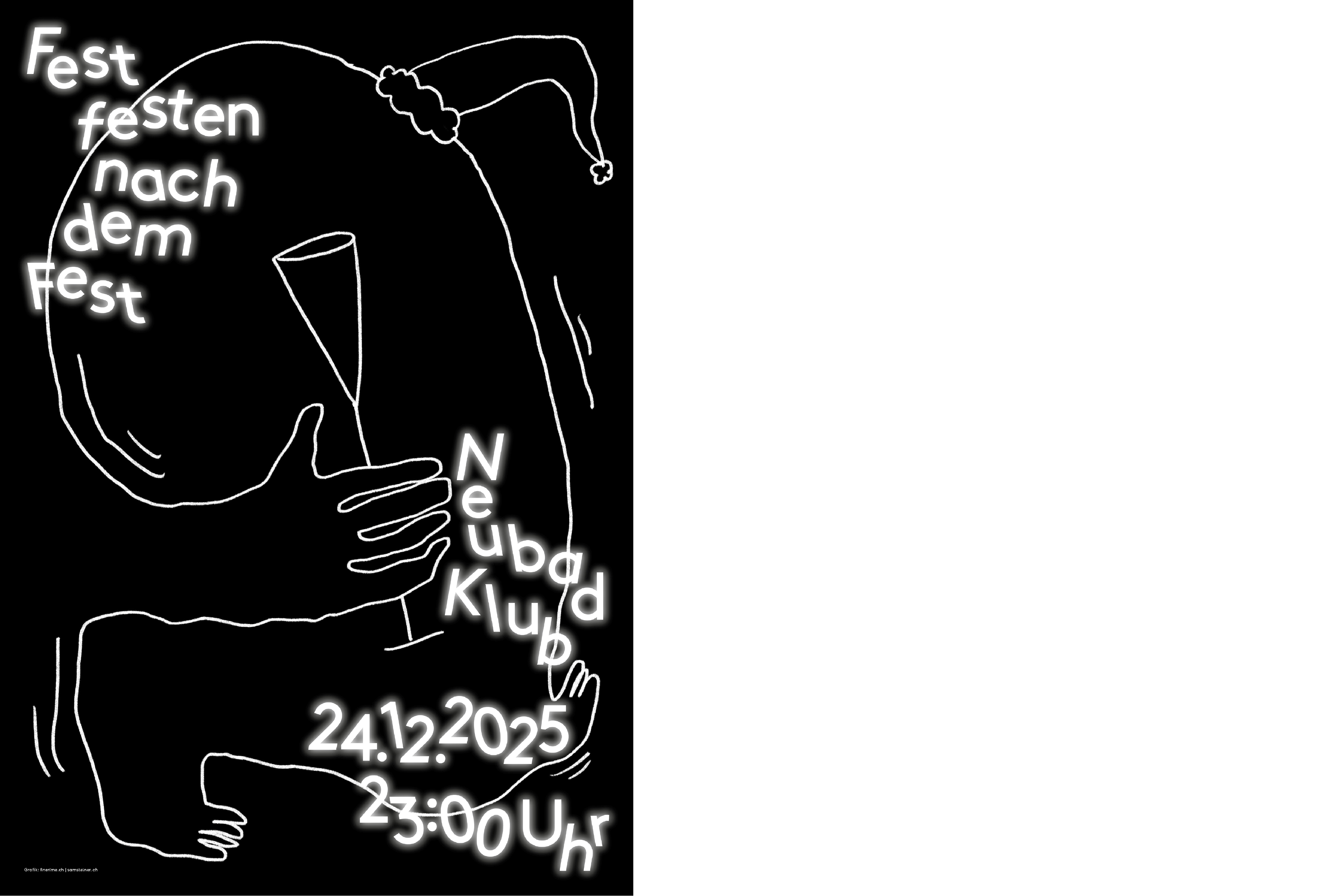 Eine Illustration von einer Hand, die gleichzeitig ein Fuss ist und eine Weihnachtsmütze trägt. die Hand hat sogar eine Sektflöte in der Hand.