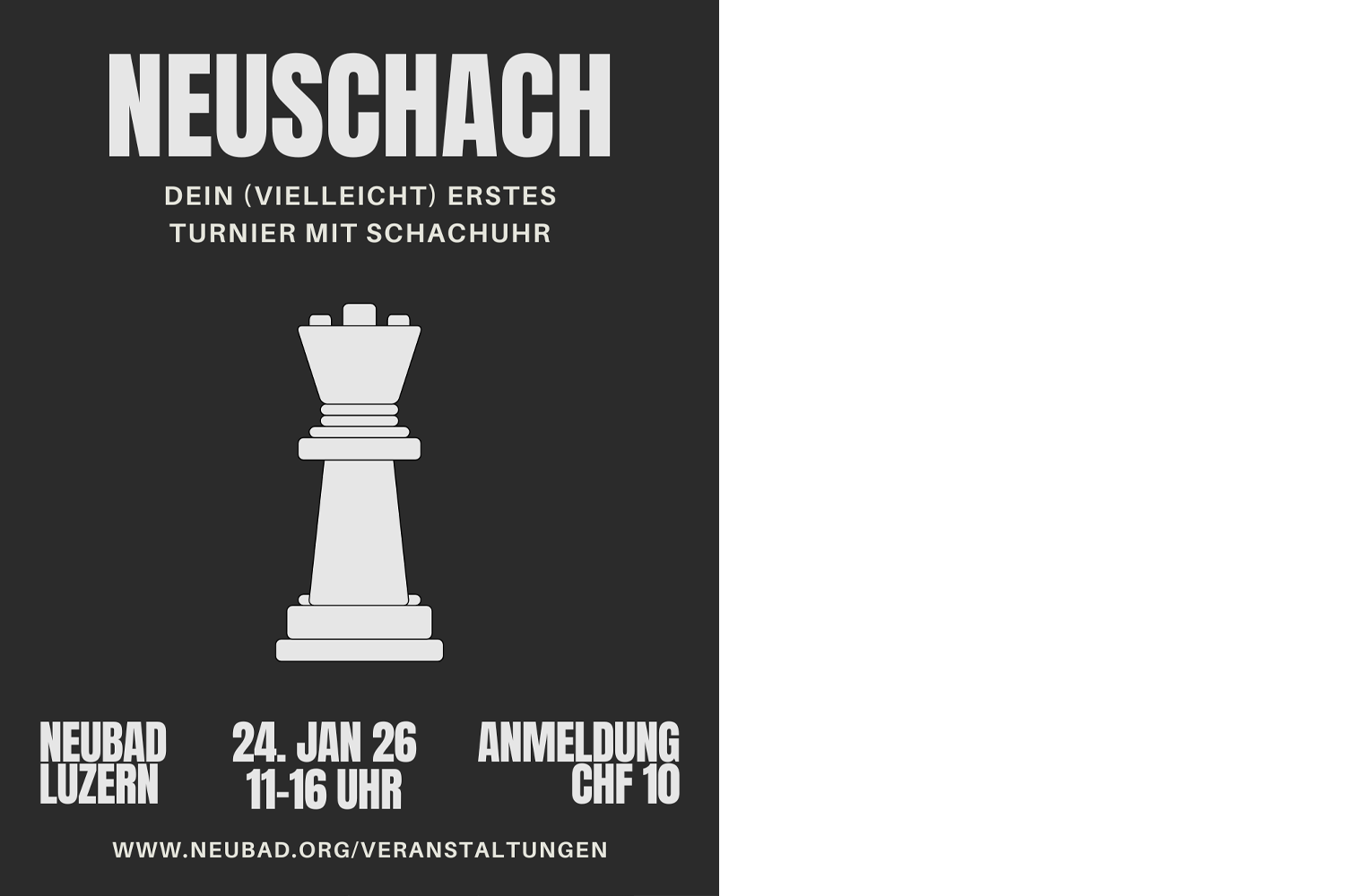 Eine dunkle Grafik mit dem Titel der Veranstaltung und einer grossen hellen Schachfigur in der Mitte. 