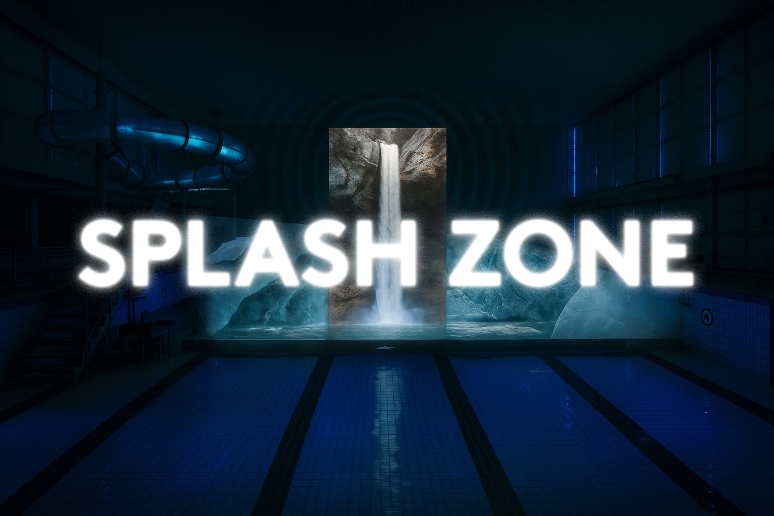 Der Neubad Pool in dem ein Wasserfall herunterläuft, in der Mitte des Bildes steht gross "splash Zone"