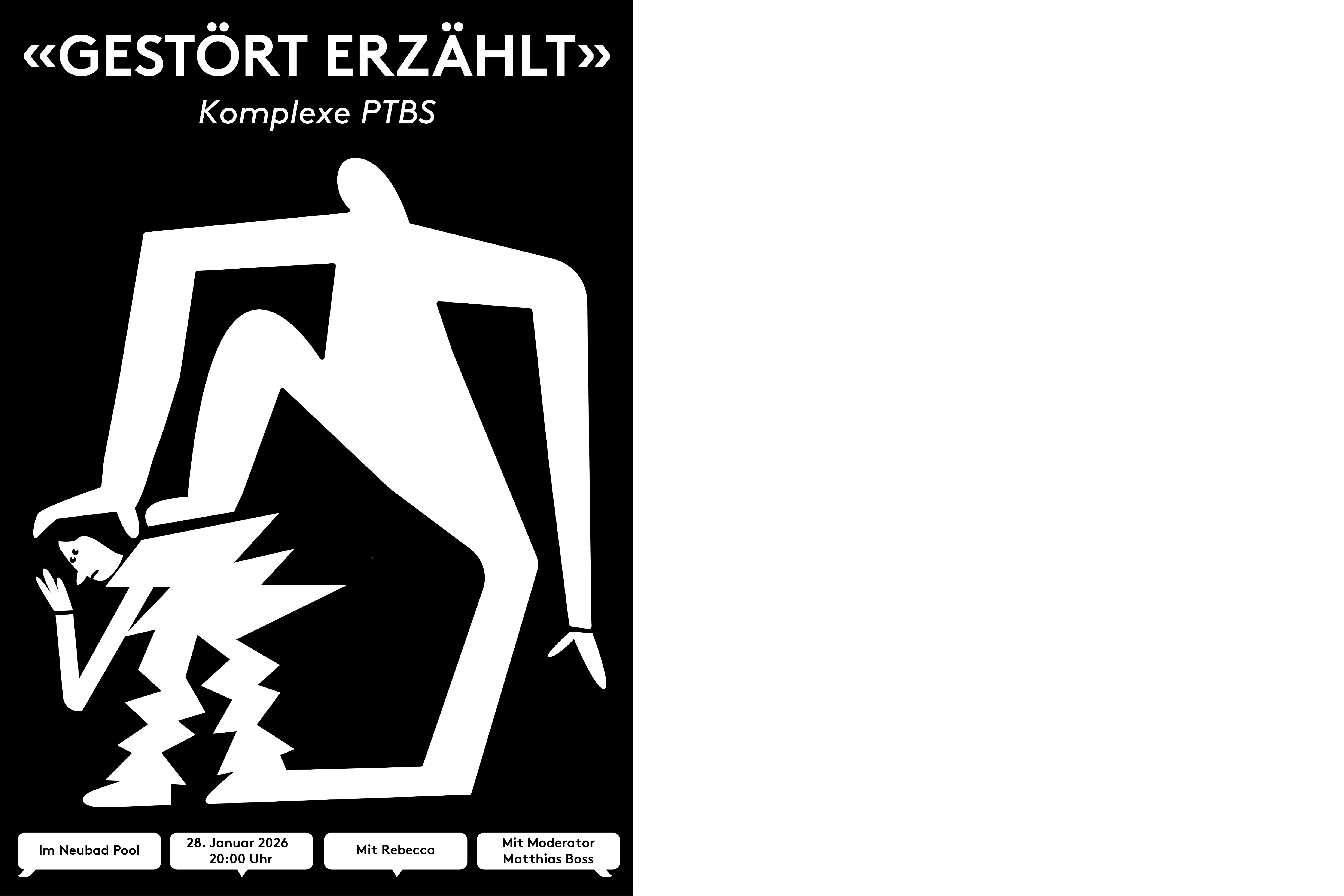 Schwarzer Hintergund und eine zwei weisse Gestalten, die grössere Figur steht auf der kleineren und scheint sein Schatten zu sein.