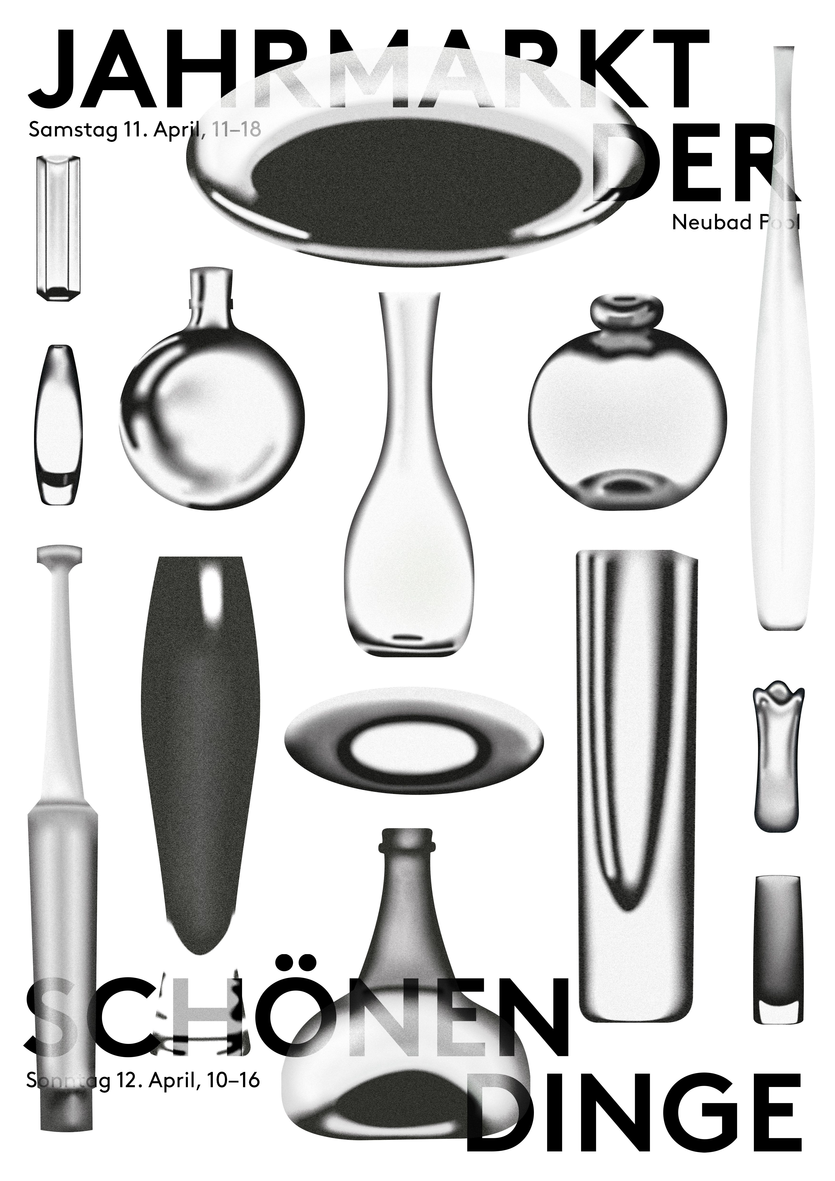 Gläser und Vasen und Teller neben- und untereinander angeordnet; im Hintergrund der Schriftzug "Jahrmarkt der schönen Dinge"