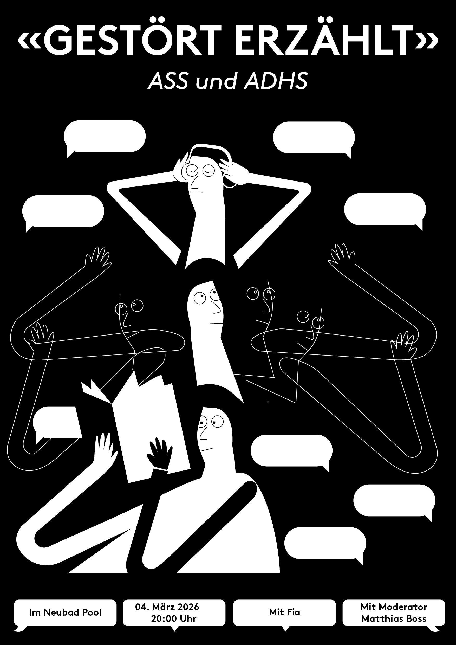 Illustration eines Menschen, der viele Dinge gleichzeitig tut. Im Hintergrund der Schriftzug "gestört erzählt"