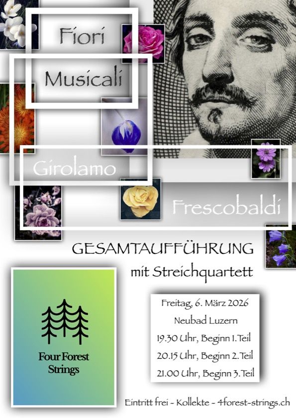Eine Kollage aus dem Logo des Four Forest String Orchesters und dem Portrait von Girolamo Frescobaldi.