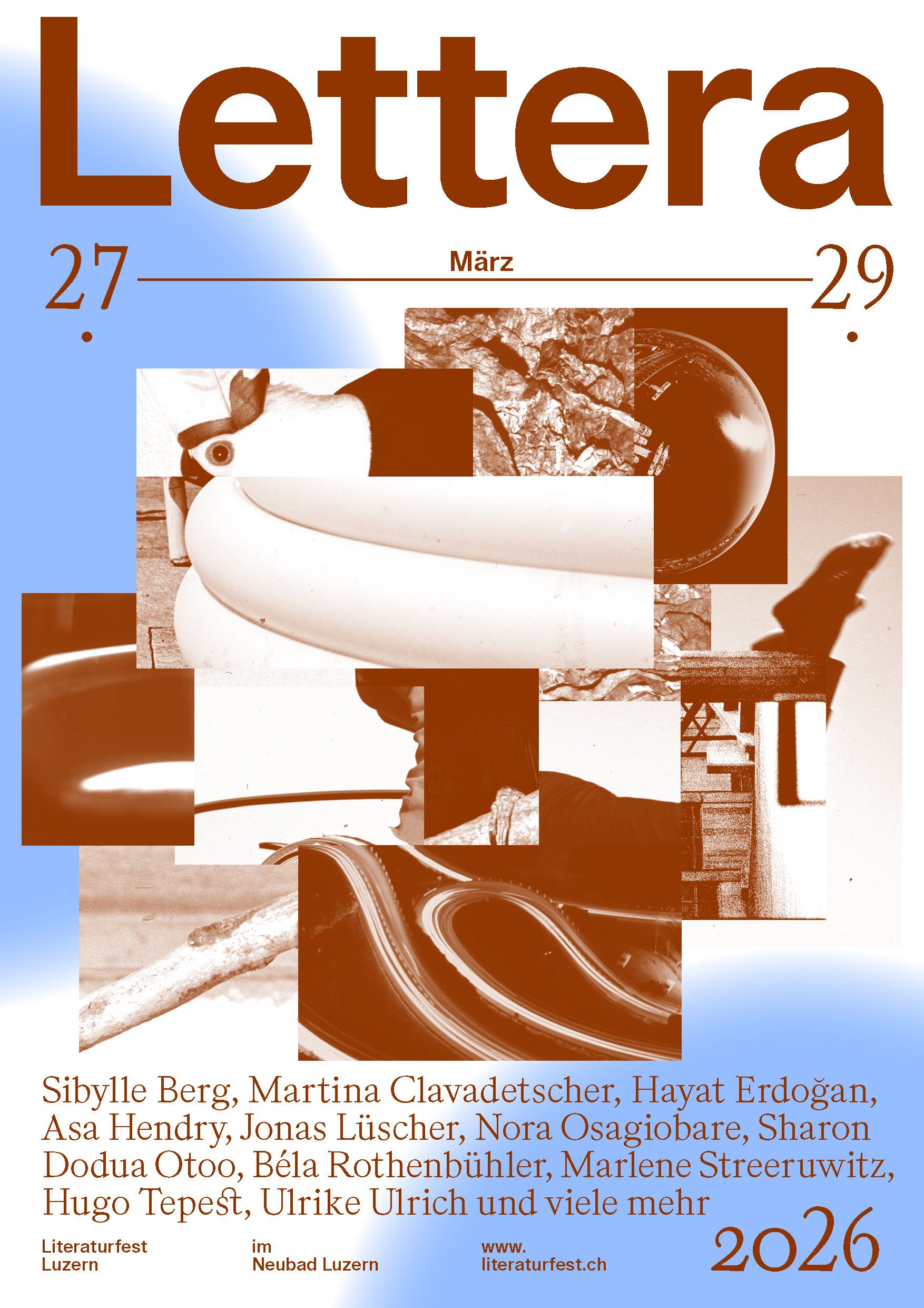 Braune Schrift und braunweisse Bilder, die aufeinander liegen, im Hintergrund befinden sich zwei himmelblaue Kreise.