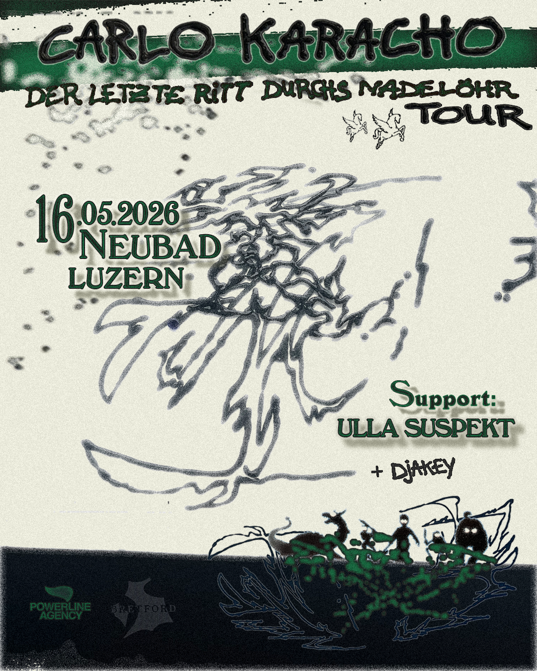 Eventflyer mit schwarzer und grüner Schrift auf perlweisser Hintergrund