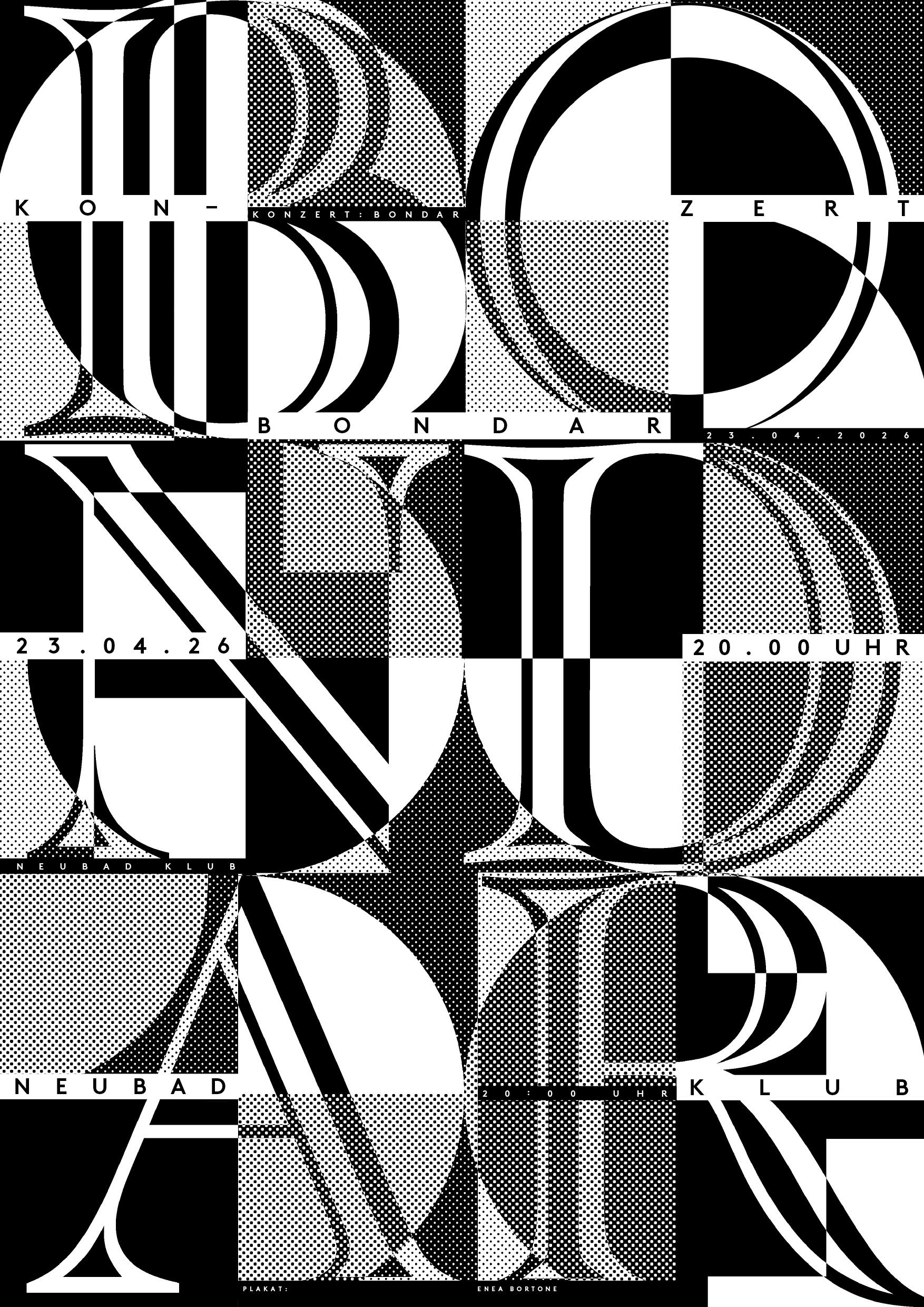 Grosse Buchstaben in schwarzweiss formen das Wort "BONDAR".