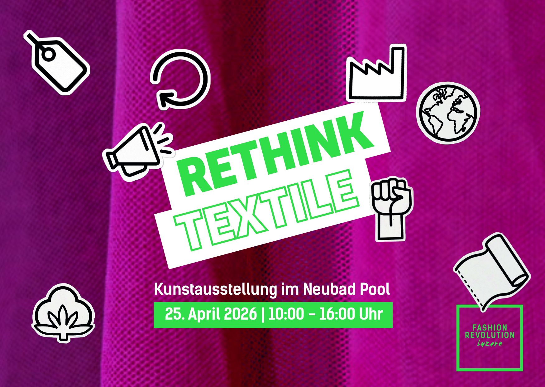 Flyer mit verschiedenen Icons auf violettem Hintergrund