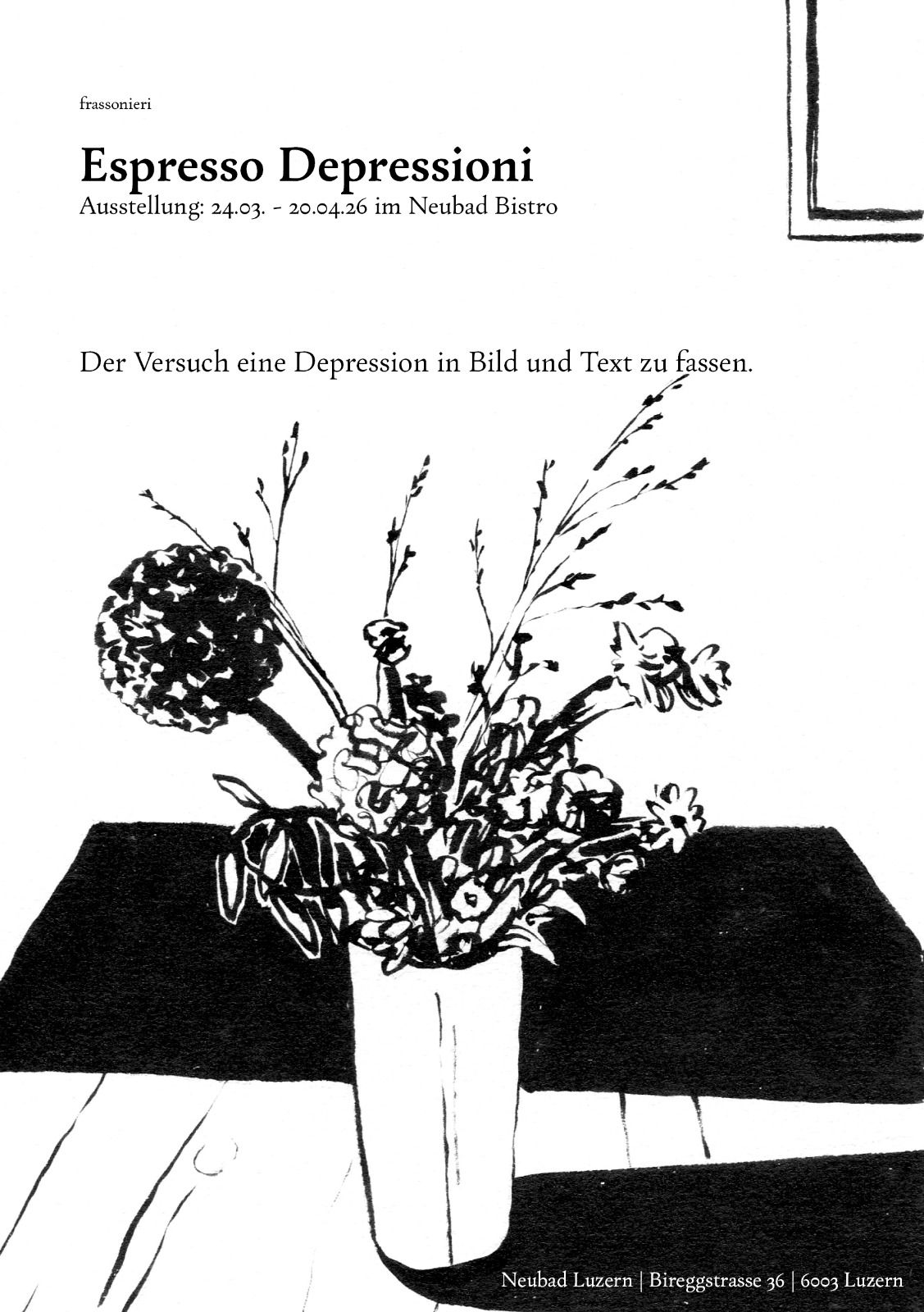 Eine schwarz weiss Illustration von einer Blumenvase auf einem Tisch.