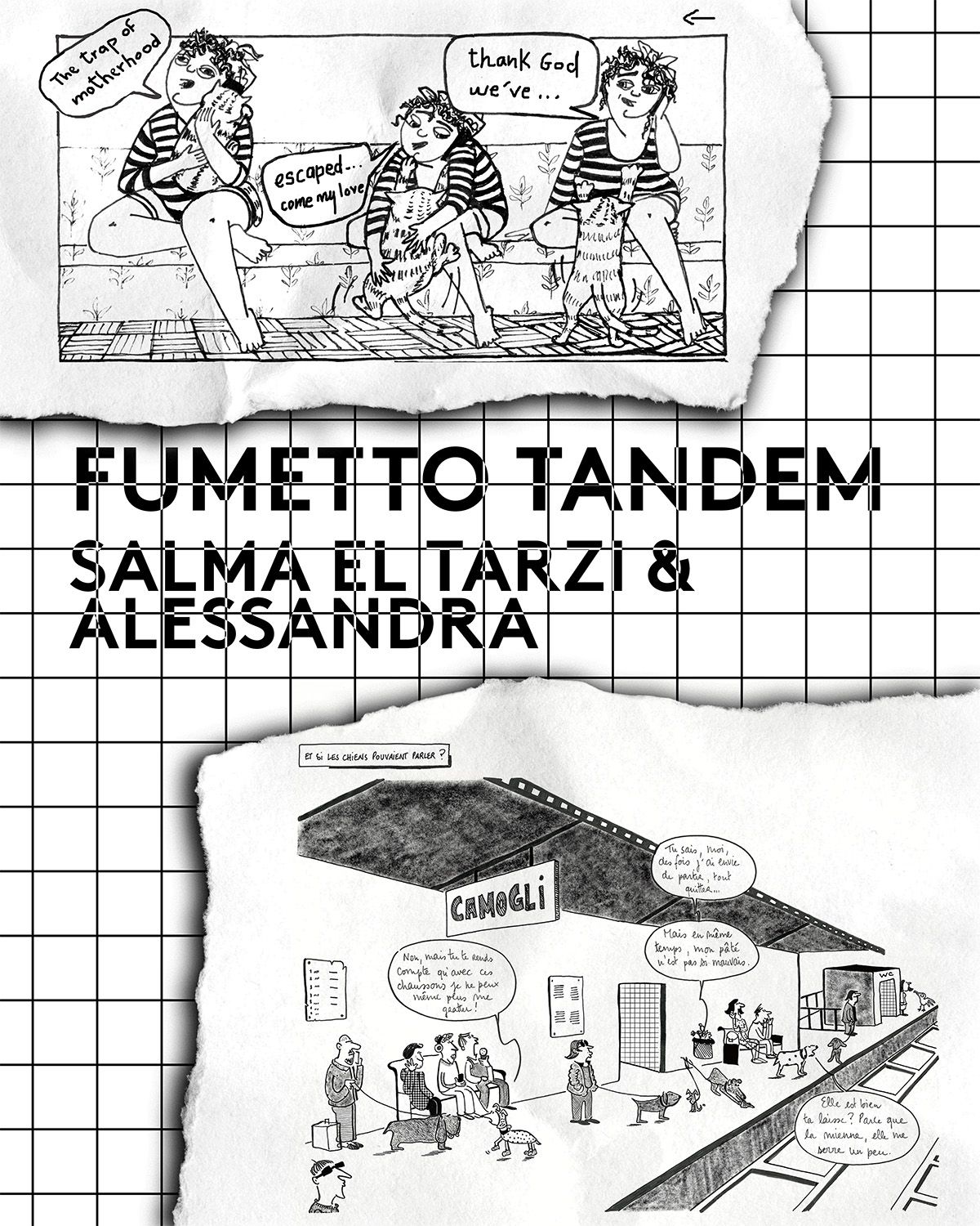 Zwei Stücke Papier und auf einem Gitterhintergrund steht der Name der Veranstaltung